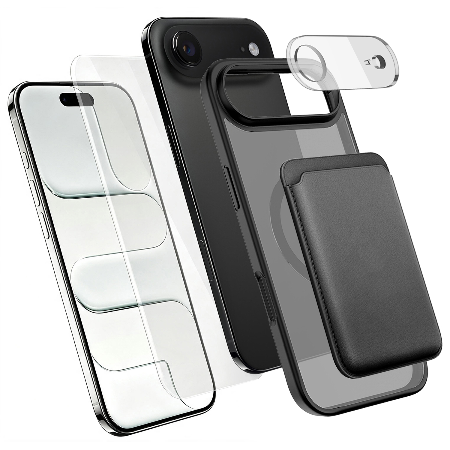 For iPhone Air Magnetic Case TPU + PC Phone Cover with High Aluminium-silicon Glass Screen Protector + Lens Protector + Card Holder - Black