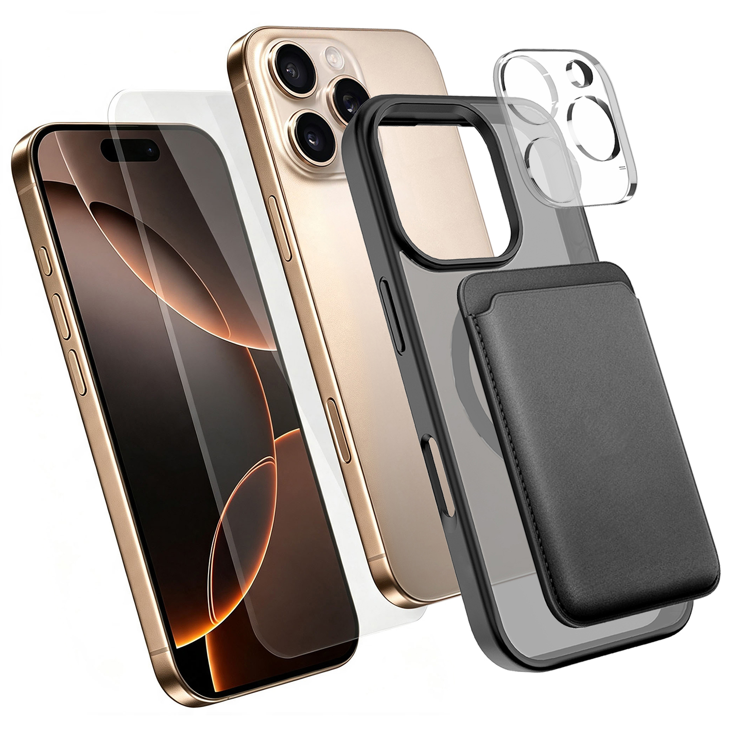 For iPhone 16 Pro Max Magnetic Case TPU + PC Phone Cover with High Aluminium-silicon Glass Screen Protector + Lens Protector + Card Holder - Black