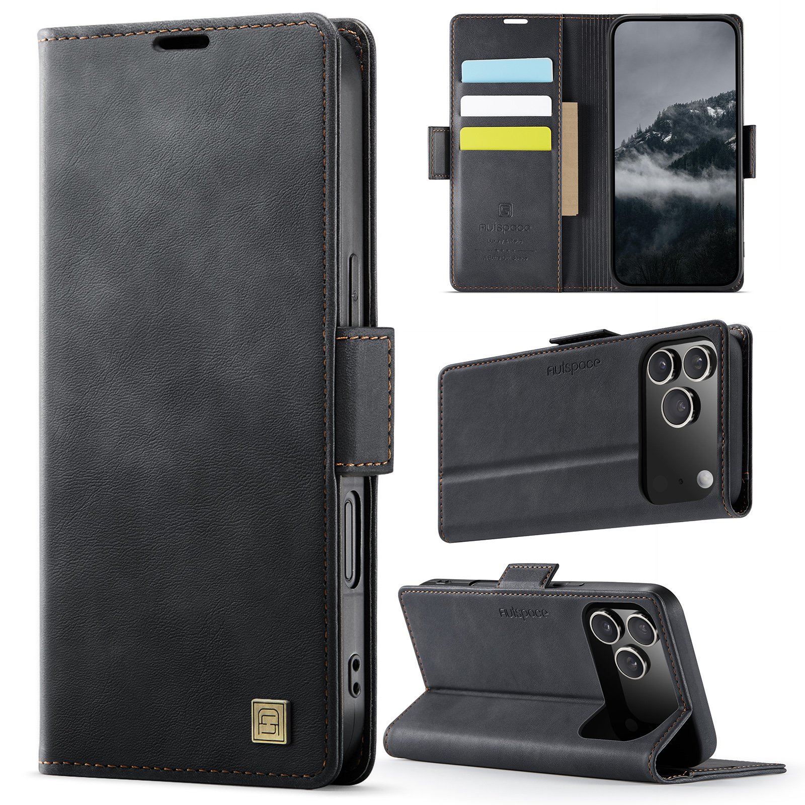 AUTSPACE for iPhone 18 Pro Max A11 Case RFID Blocking Retro Leather Cell Phone Wallet Cover - Black