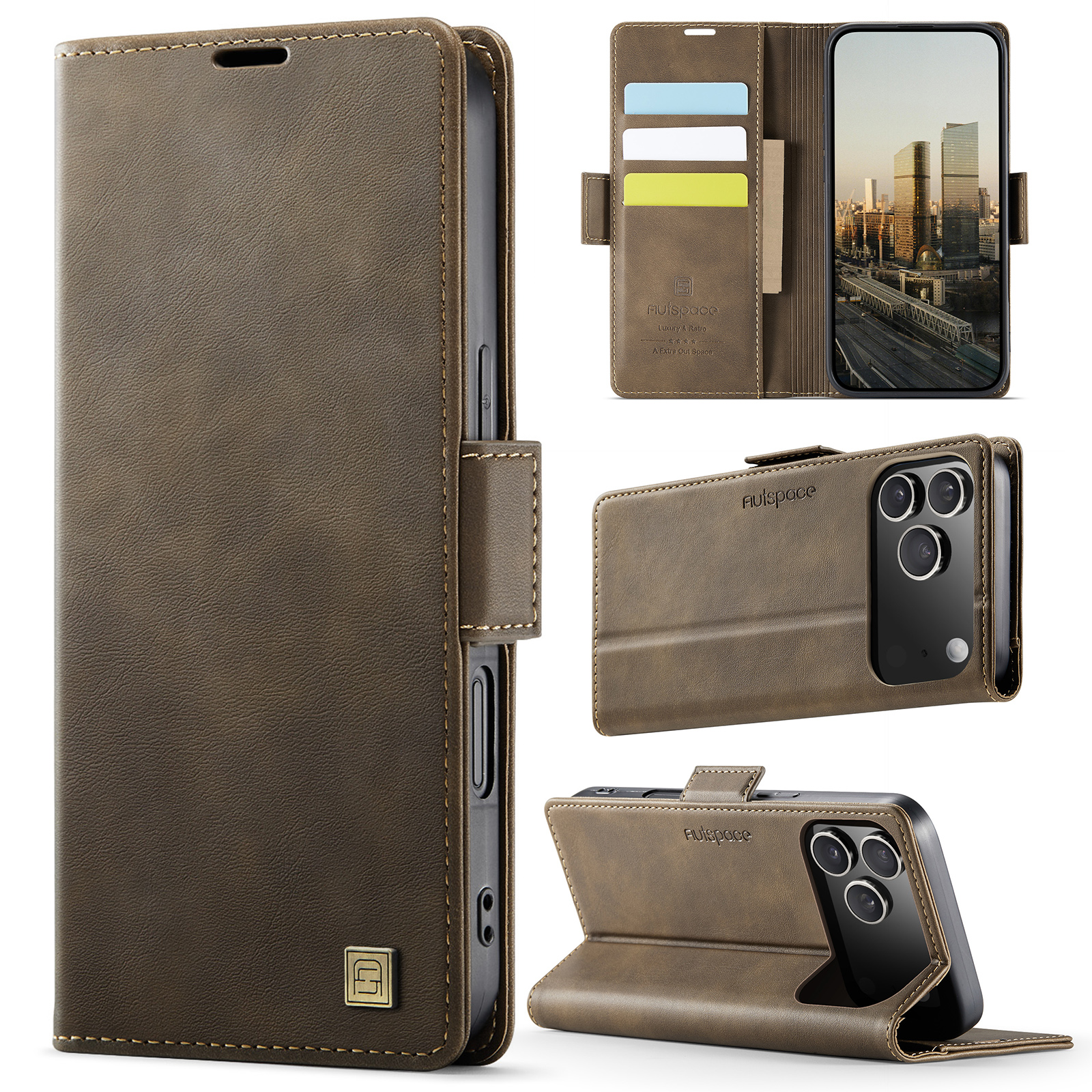 AUTSPACE for iPhone 18 Pro Max A11 Case RFID Blocking Retro Leather Cell Phone Wallet Cover - Coffee