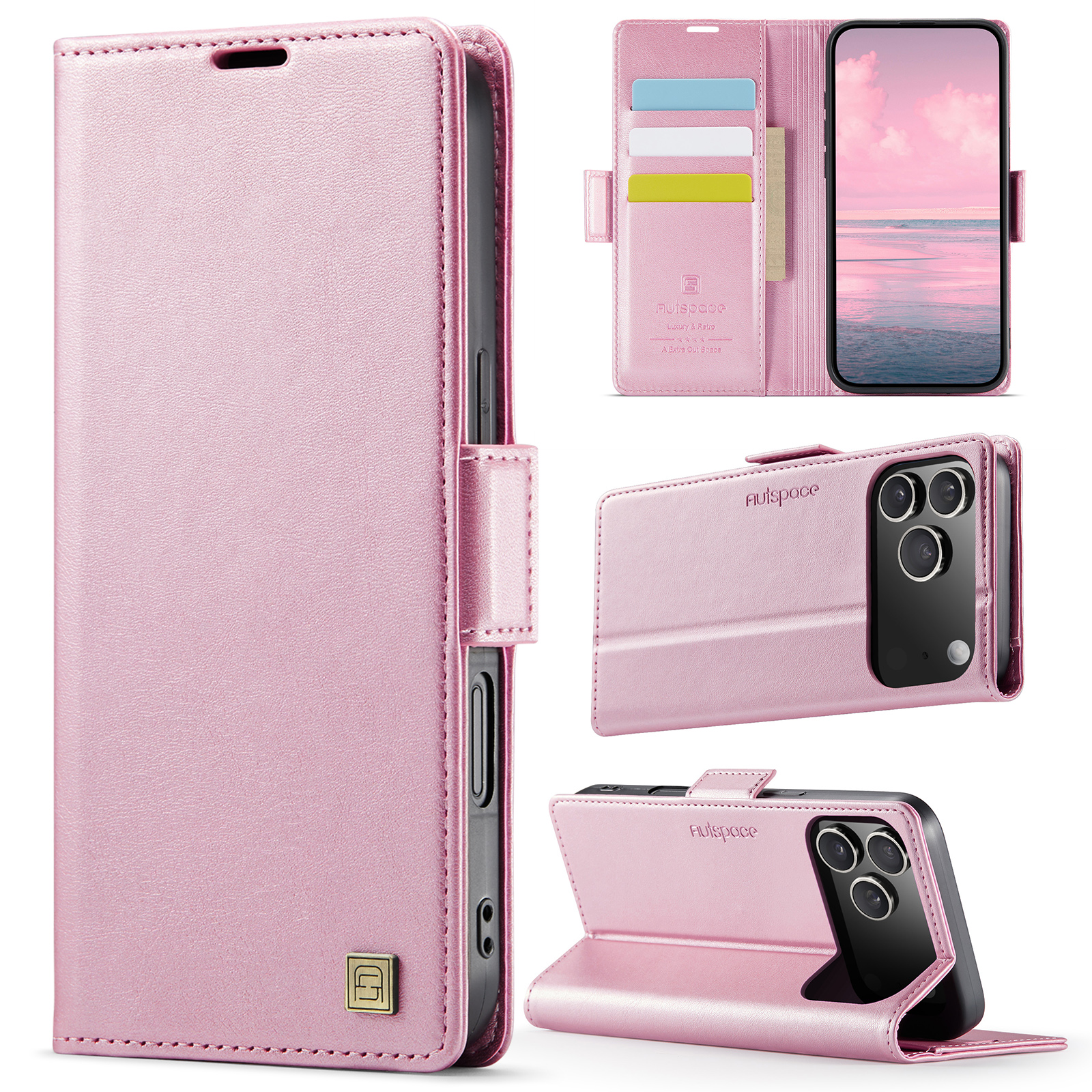 AUTSPACE for iPhone 18 Pro Max A11 Case RFID Blocking Retro Leather Cell Phone Wallet Cover - Pink
