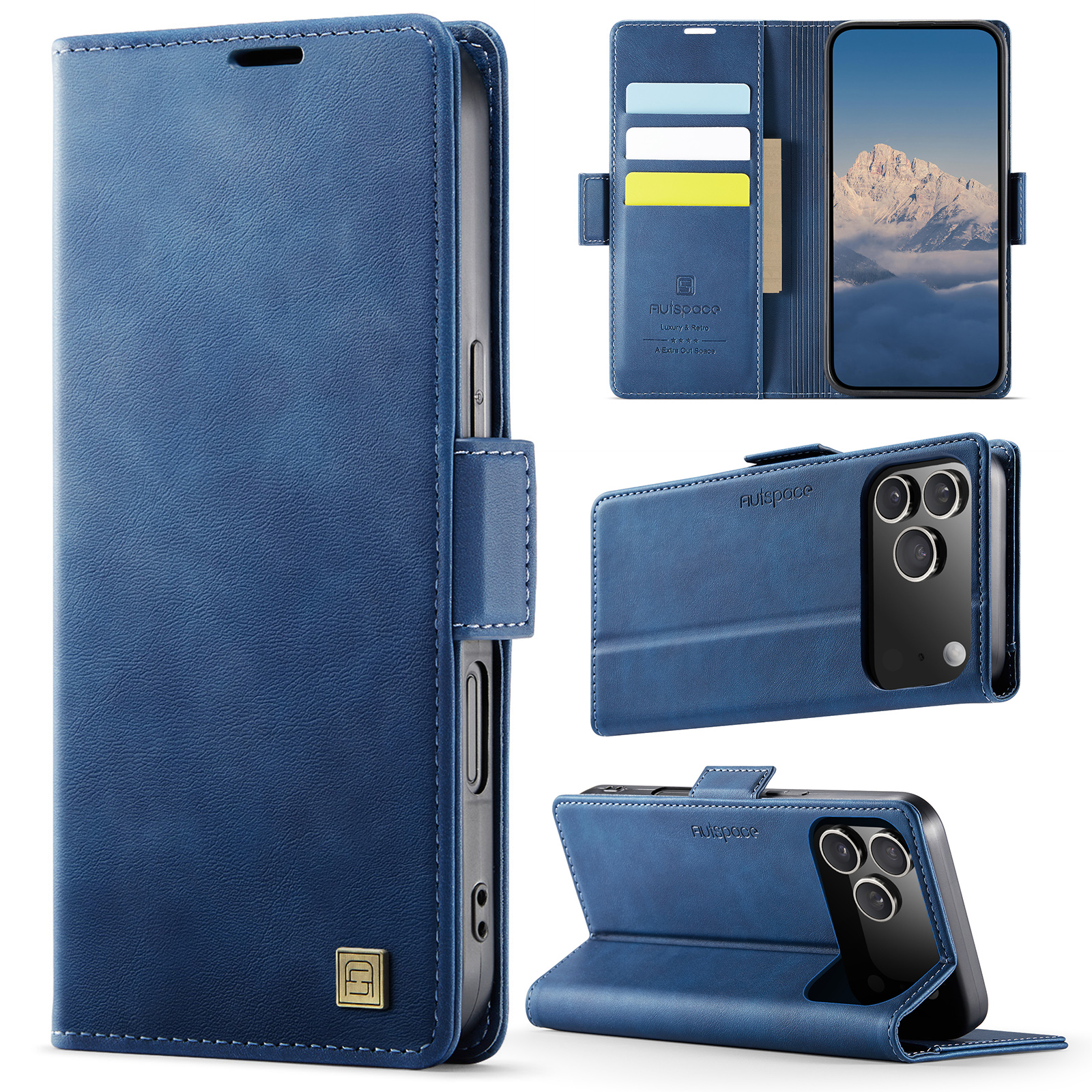 AUTSPACE for iPhone 18 Pro Max A11 Case RFID Blocking Retro Leather Cell Phone Wallet Cover - Blue