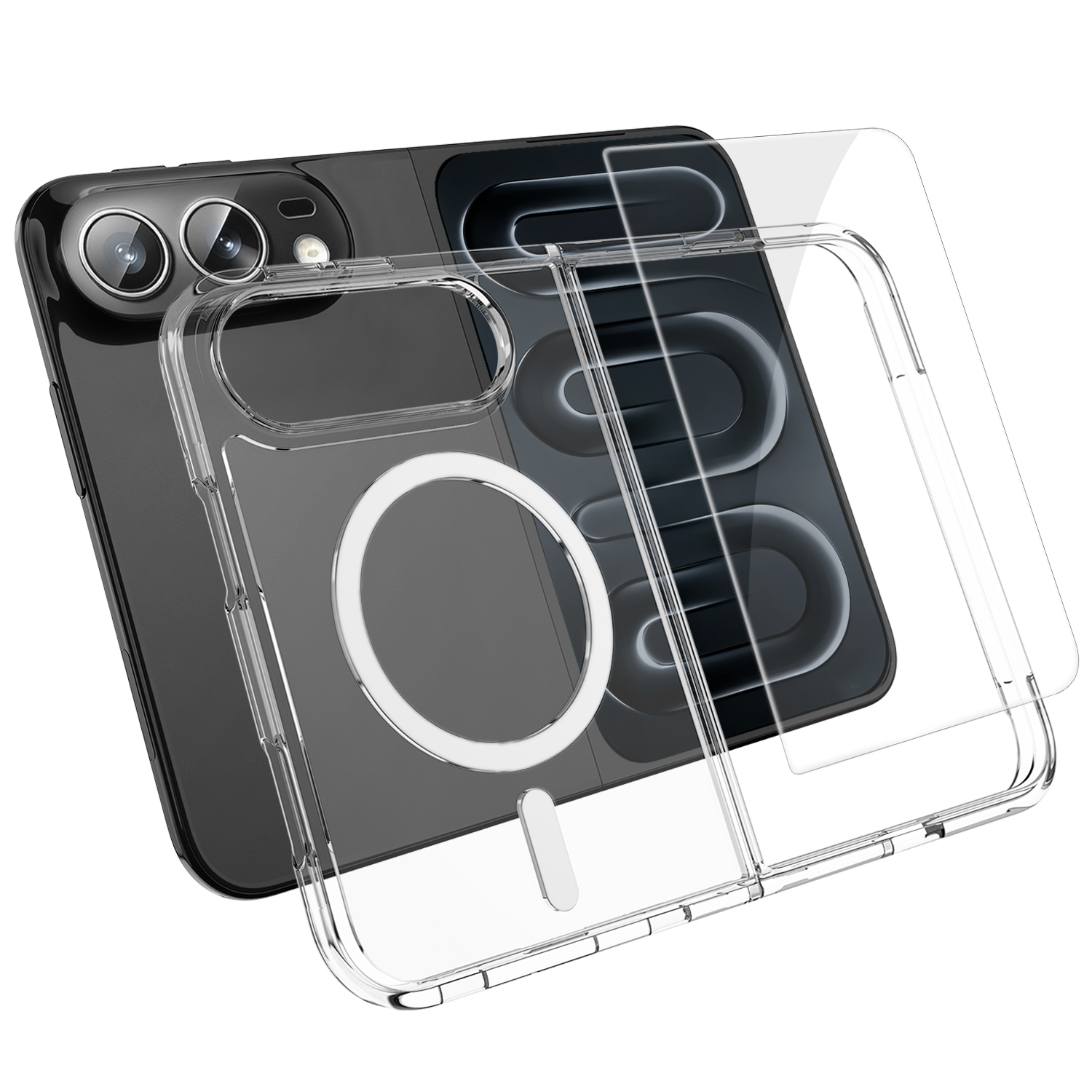 For iPhone Duo Magnetic Case TPU+PC Transparent Phone Cover with High Aluminium-silicon Glass Screen Protector - Transparent