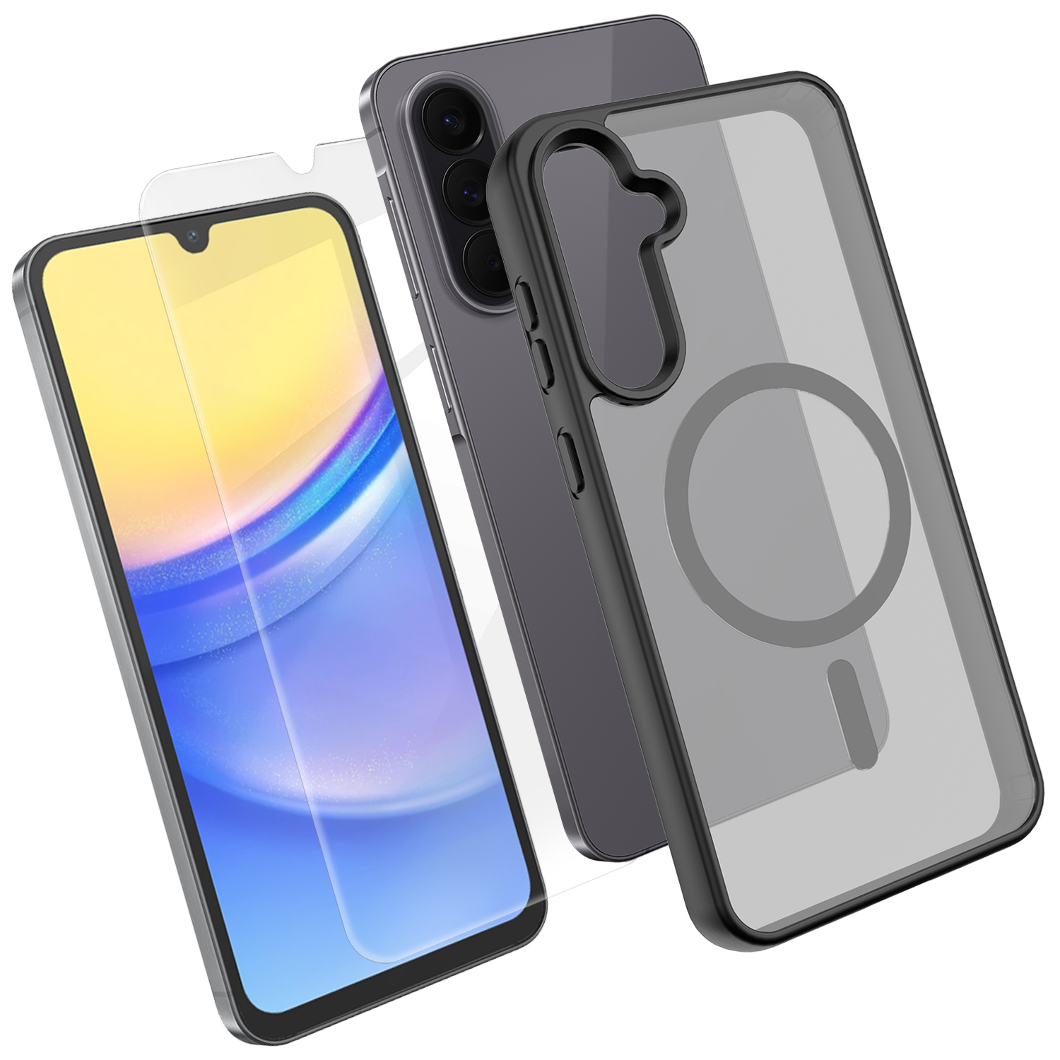 For Samsung Galaxy A15 5G / Galaxy A15 4G Magnetic Case TPU + PC Phone Cover with High Aluminium-Silicon Glass Screen Protector - Black