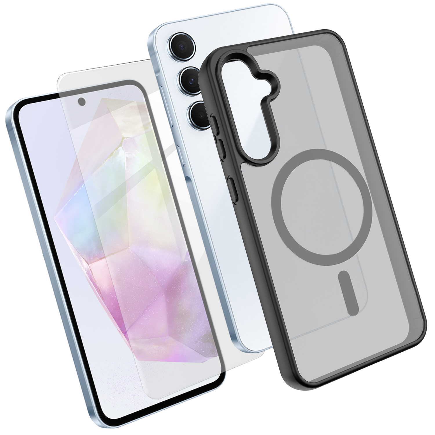 For Samsung Galaxy A35 5G Magnetic Case TPU + PC Phone Cover with High Aluminium-Silicon Glass Screen Protector - Black