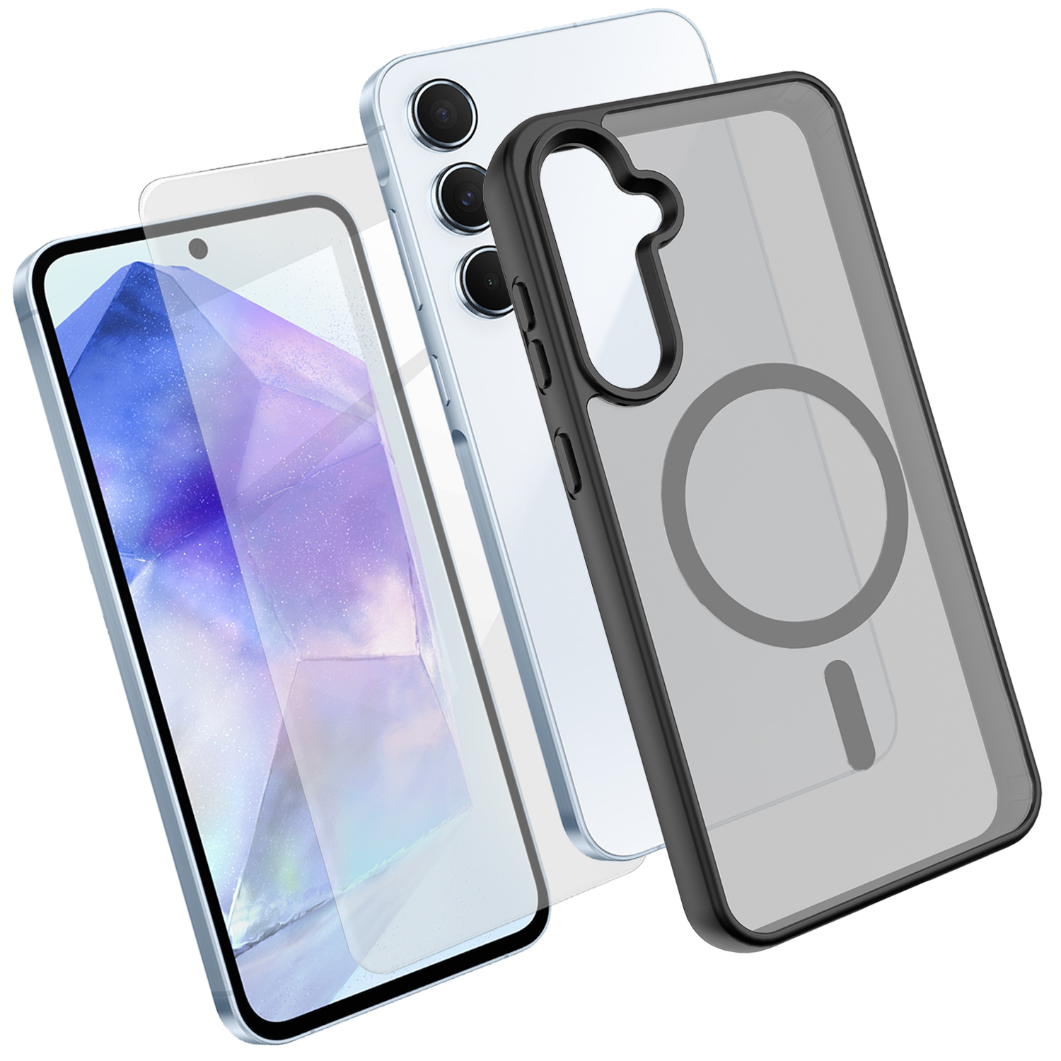 For Samsung Galaxy A55 5G Magnetic Case TPU + PC Phone Cover with High Aluminium-Silicon Glass Screen Protector - Black