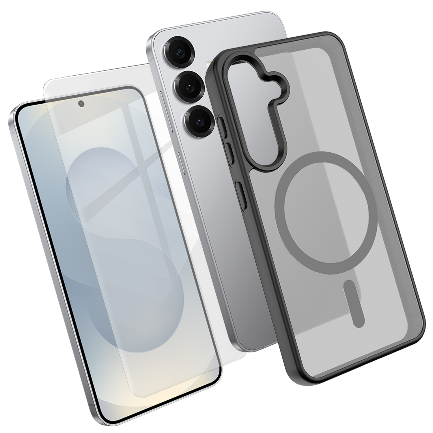 For Samsung Galaxy S25+ Magnetic Case TPU + PC Phone Cover with High Aluminium-Silicon Glass Screen Protector - Black