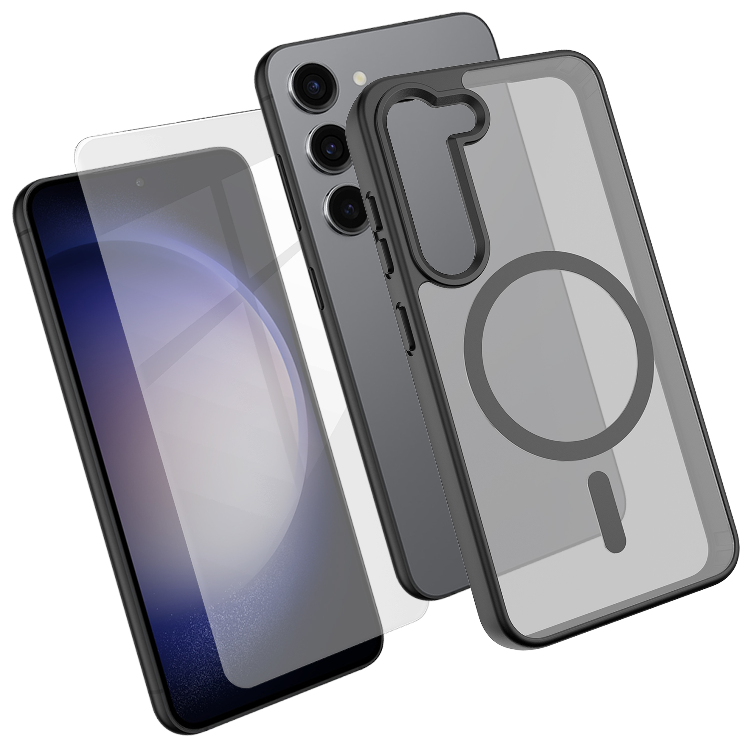 For Samsung Galaxy S23+ Magnetic Case TPU + PC Phone Cover with High Aluminium-Silicon Glass Screen Protector - Black
