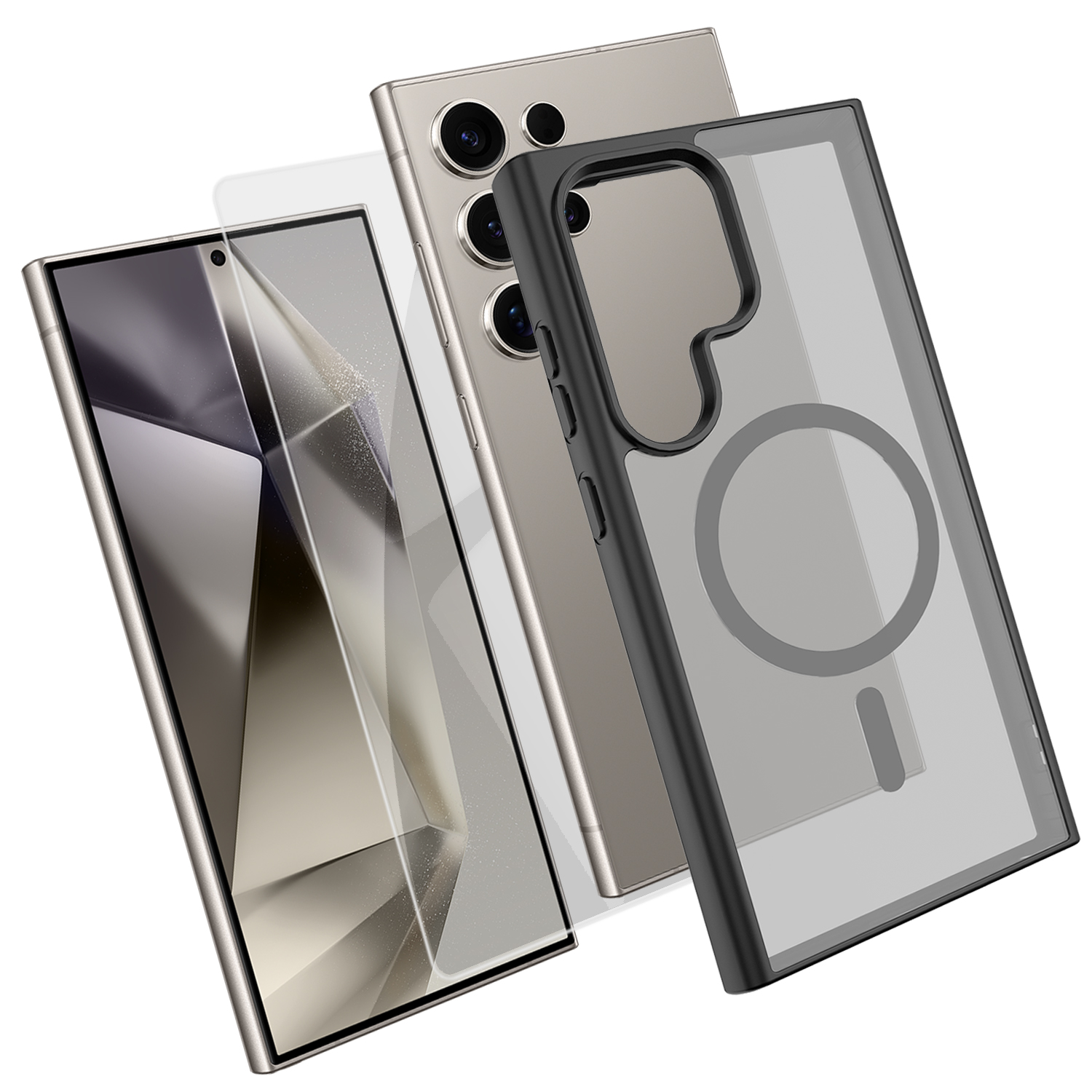 For Samsung Galaxy S24 Ultra Magnetic Case TPU + PC Phone Cover with High Aluminium-Silicon Glass Screen Protector - Black