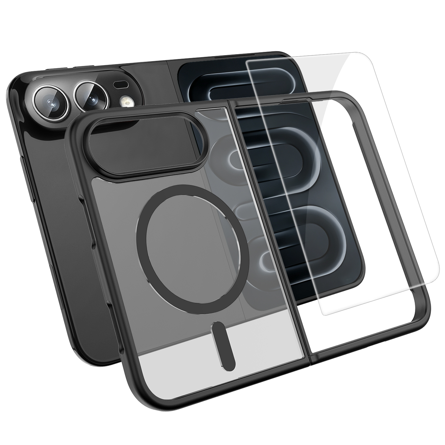 For iPhone Duo Magnetic Case TPU + PC Phone Cover with High Aluminium-Silicon Glass Screen Protector - Black