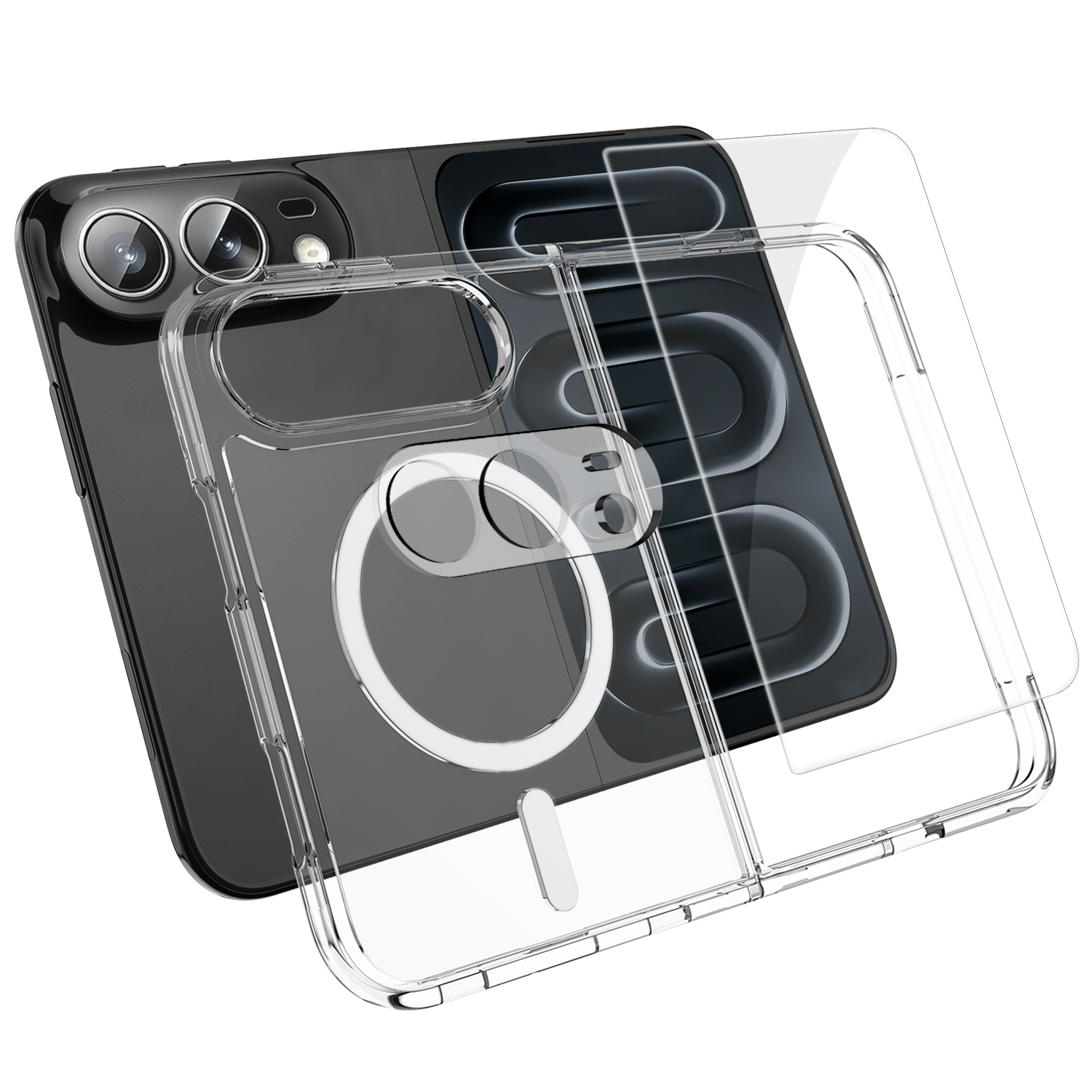 For iPhone Duo Magnetic Case TPU + PC Phone Cover with High Aluminium-silicon Glass Screen Protector + Tempered Glass Lens Protector - Transparent