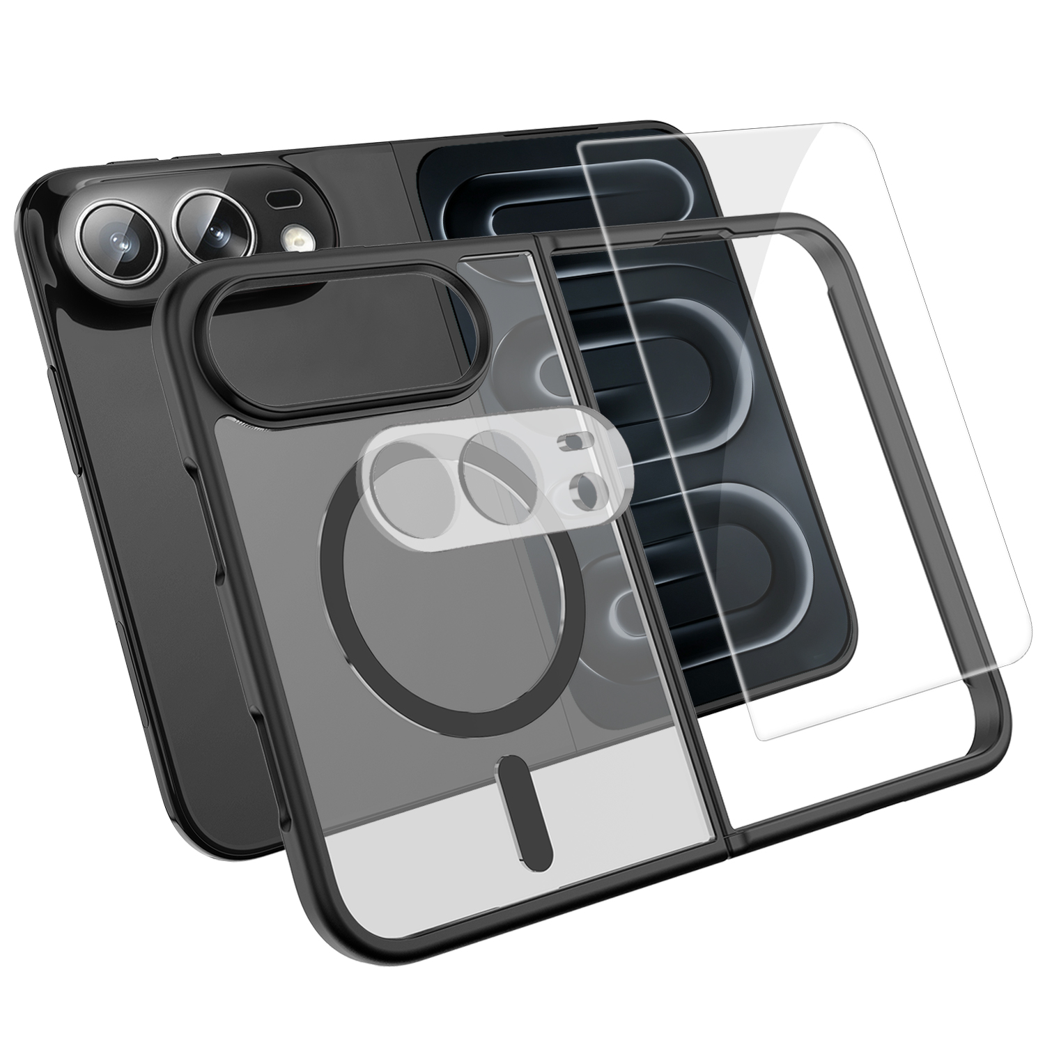 For iPhone Duo Magnetic Case TPU + PC Phone Cover with High Aluminium-Silicon Glass Screen Protector + PC Camera Lens Protector - Black