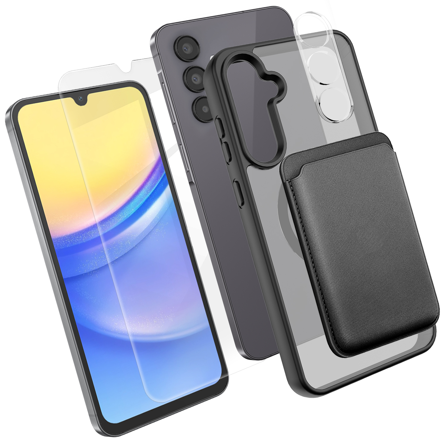 For Samsung Galaxy A15 5G Magnetic Case TPU + PC Phone Cover with High Aluminium-silicon Glass Screen Protector + Lens Protector + Card Holder - Black