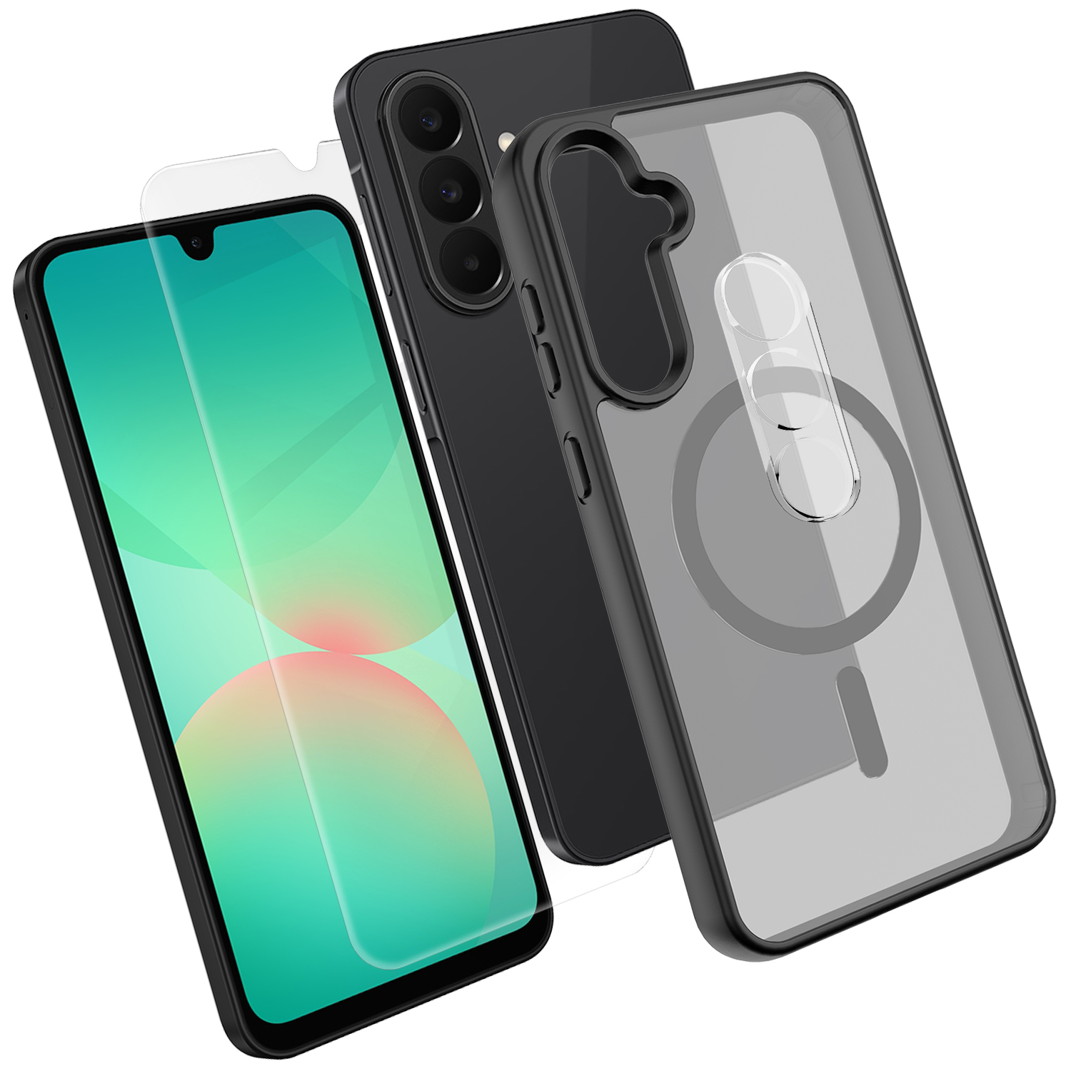 For Samsung Galaxy A26 5G Magnetic Case TPU + PC Phone Cover with High Aluminium-Silicon Glass Screen Protector + PC Camera Lens Protector - Black