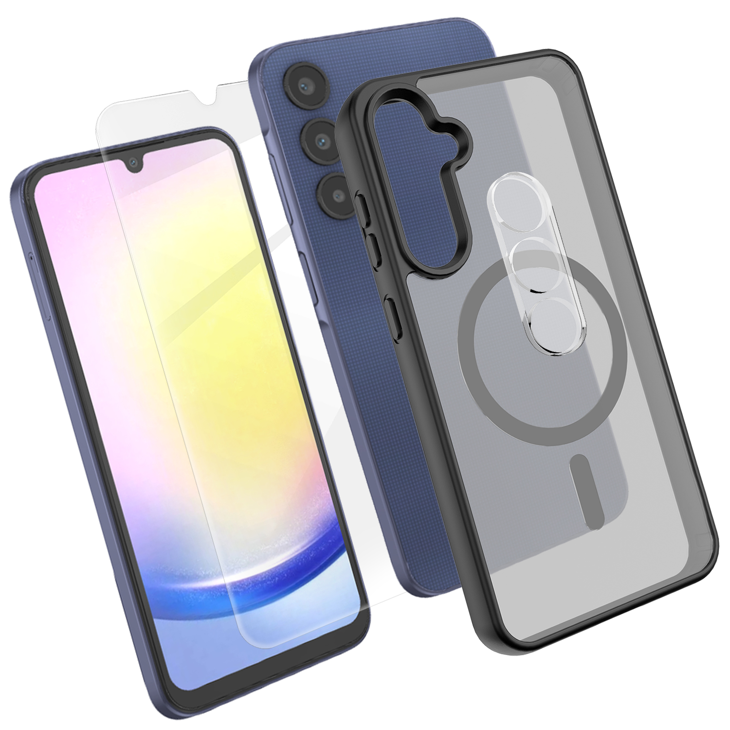 For Samsung Galaxy A25 5G (Global) (161mm) Magnetic Case TPU + PC Phone Cover with High Aluminium-Silicon Glass Screen Protector + PC Camera Lens Protector - Black