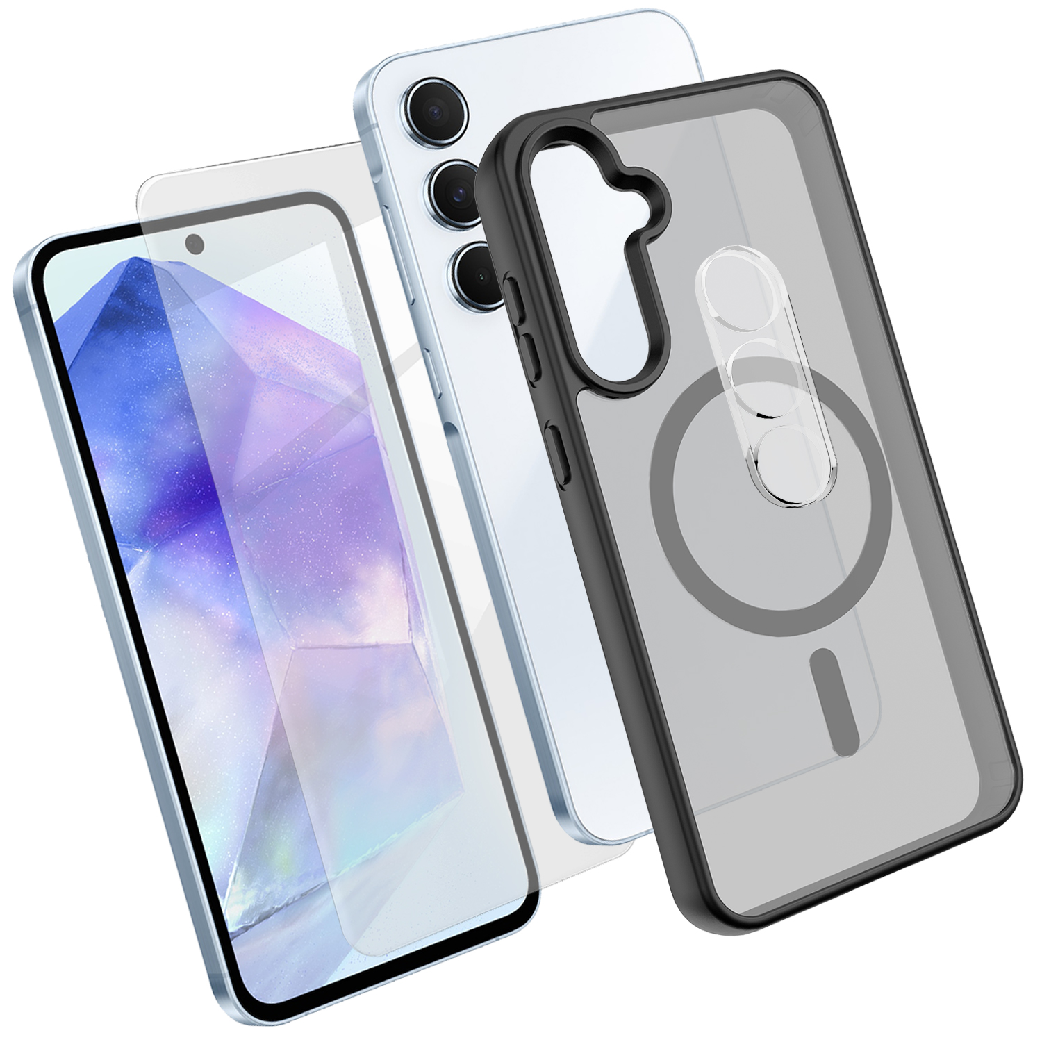 For Samsung Galaxy A55 5G Magnetic Case TPU + PC Phone Cover with High Aluminium-Silicon Glass Screen Protector + PC Camera Lens Protector - Black