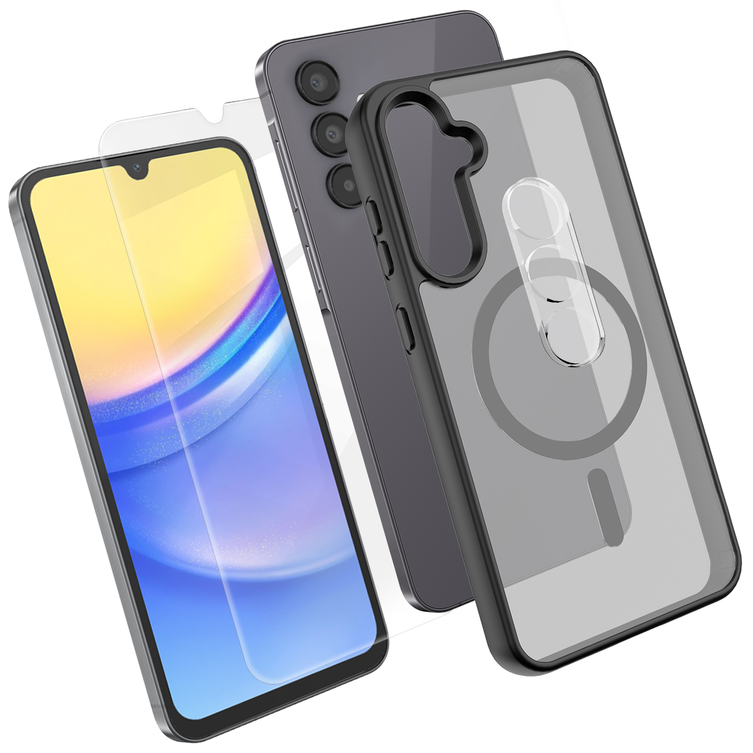 For Samsung Galaxy A15 5G Magnetic Case TPU + PC Phone Cover with High Aluminium-Silicon Glass Screen Protector + PC Camera Lens Protector - Black