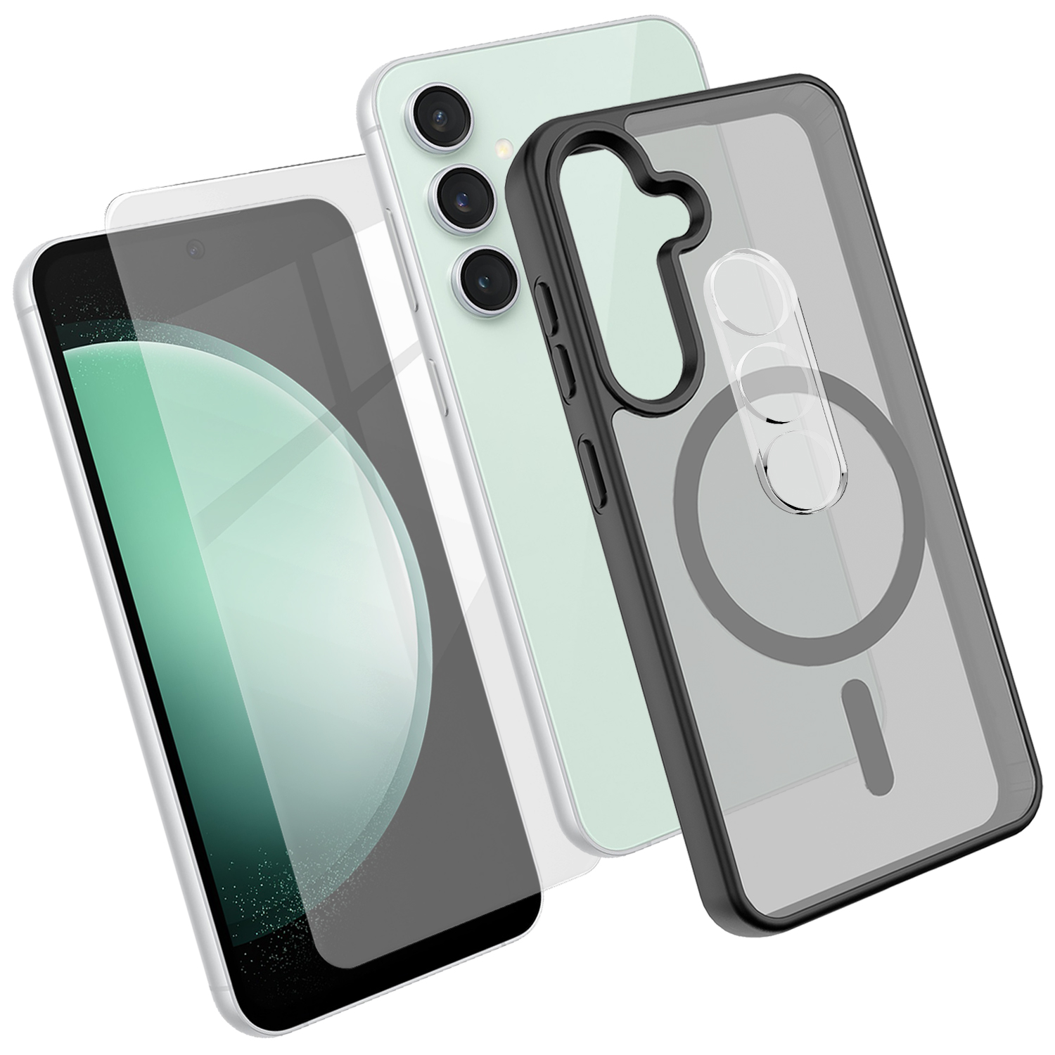 For Samsung Galaxy S23 FE Magnetic Case TPU + PC Phone Cover with High Aluminium-Silicon Glass Screen Protector + PC Camera Lens Protector - Black