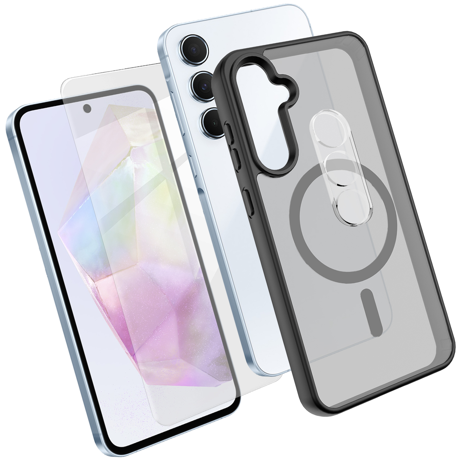 For Samsung Galaxy A35 5G Magnetic Case TPU + PC Phone Cover with High Aluminium-Silicon Glass Screen Protector + PC Camera Lens Protector - Black