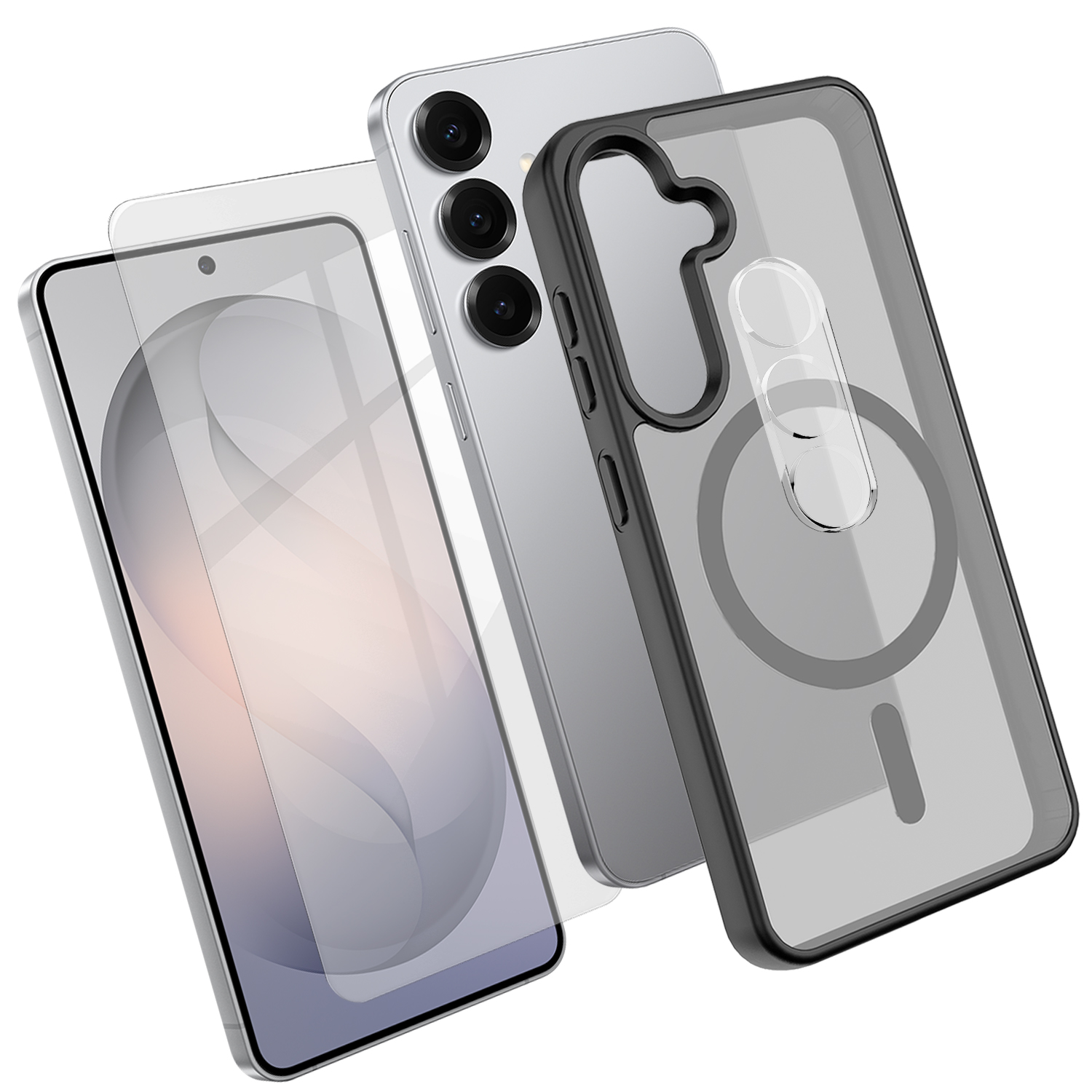 For Samsung Galaxy S24 FE Magnetic Case TPU + PC Phone Cover with High Aluminium-Silicon Glass Screen Protector + PC Camera Lens Protector - Black