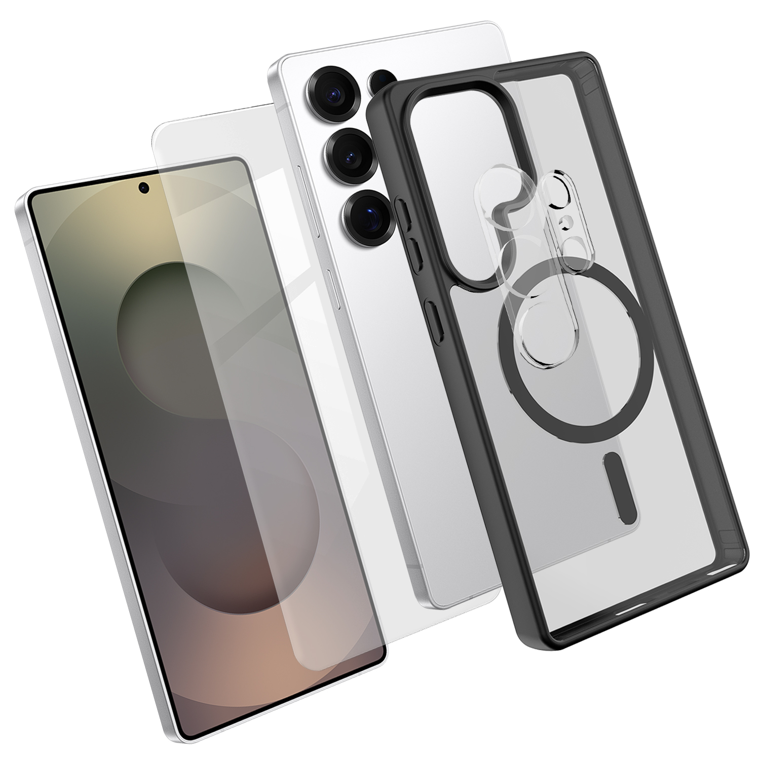 For Samsung Galaxy S25 Ultra Magnetic Case TPU + PC Phone Cover with High Aluminium-Silicon Glass Screen Protector + PC Camera Lens Protector - Black