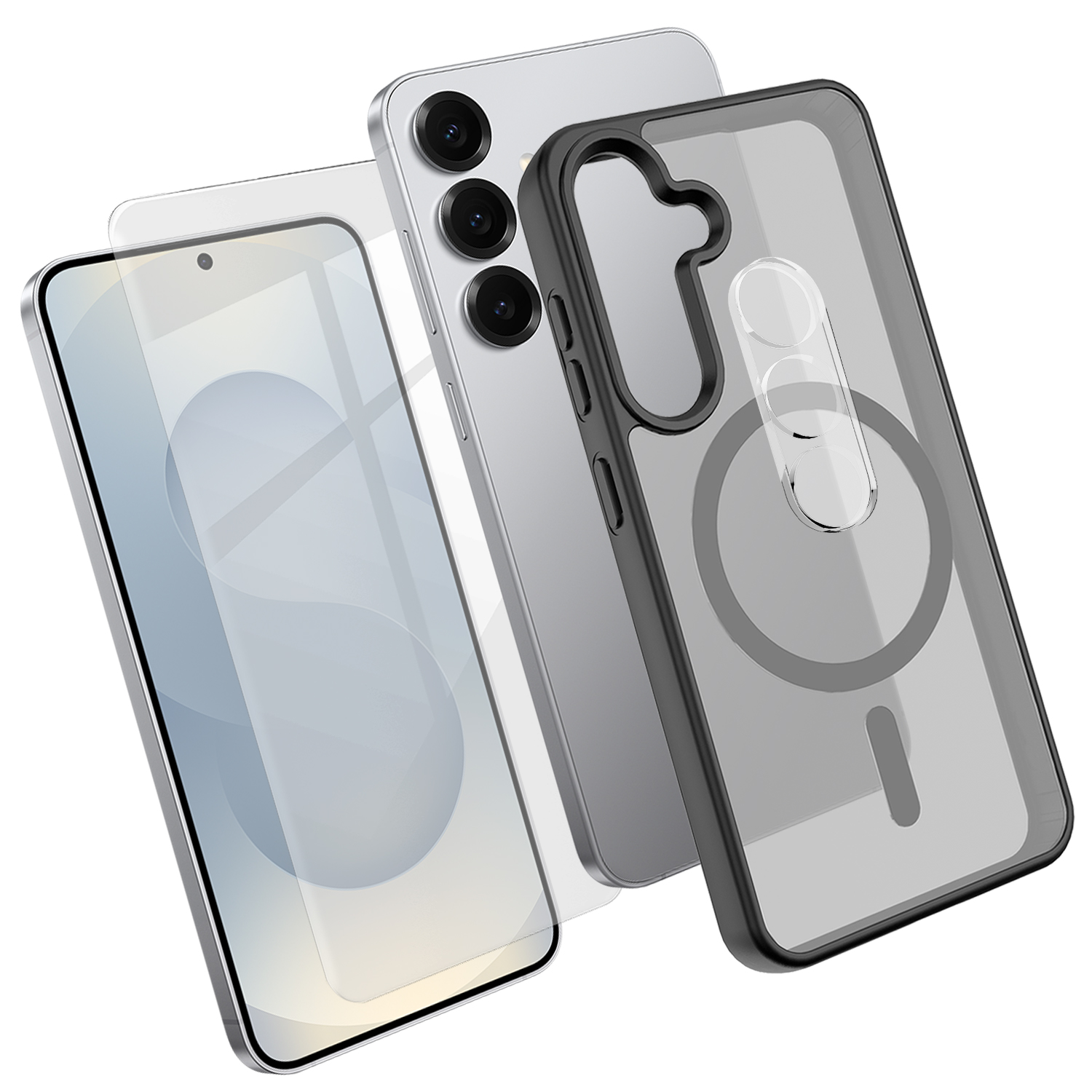 For Samsung Galaxy S25+ Magnetic Case TPU + PC Phone Cover with High Aluminium-Silicon Glass Screen Protector + PC Camera Lens Protector - Black