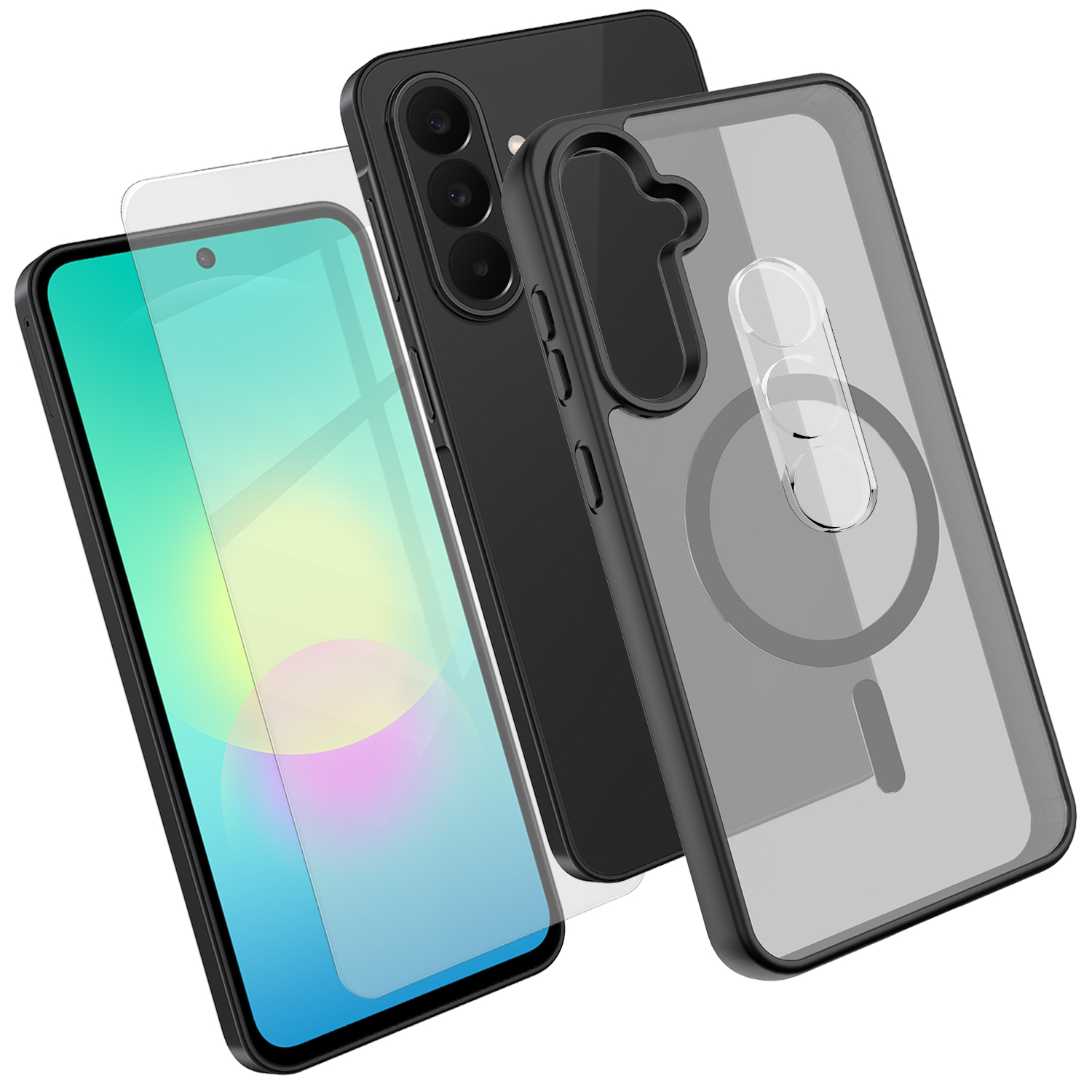 For Samsung Galaxy A27 5G Magnetic Case TPU + PC Phone Cover with High Aluminium-Silicon Glass Screen Protector + PC Camera Lens Protector - Black