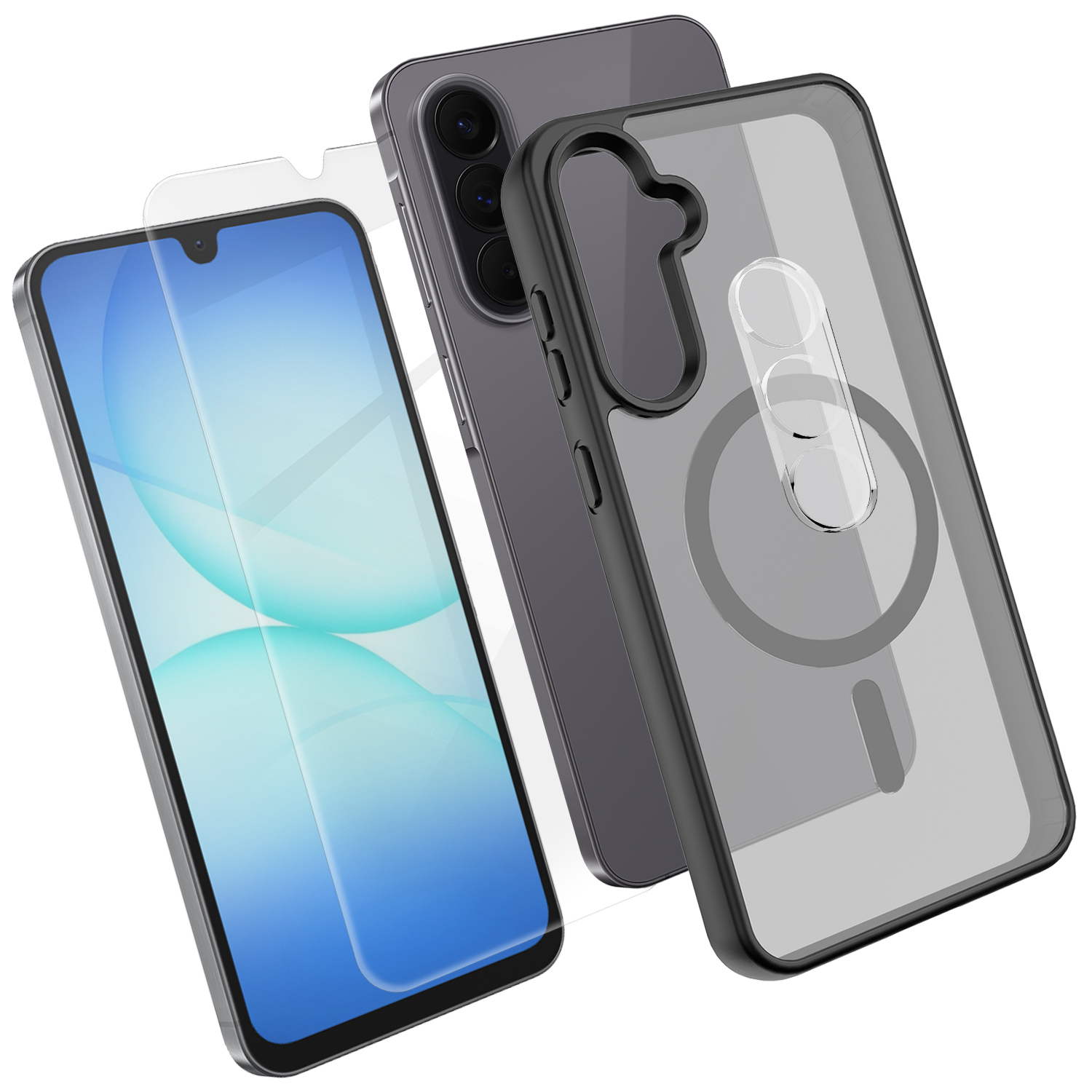 For Samsung Galaxy A17 4G / Galaxy A17 5G Magnetic Case TPU + PC Phone Cover with High Aluminium-Silicon Glass Screen Protector + PC Camera Lens Protector - Black