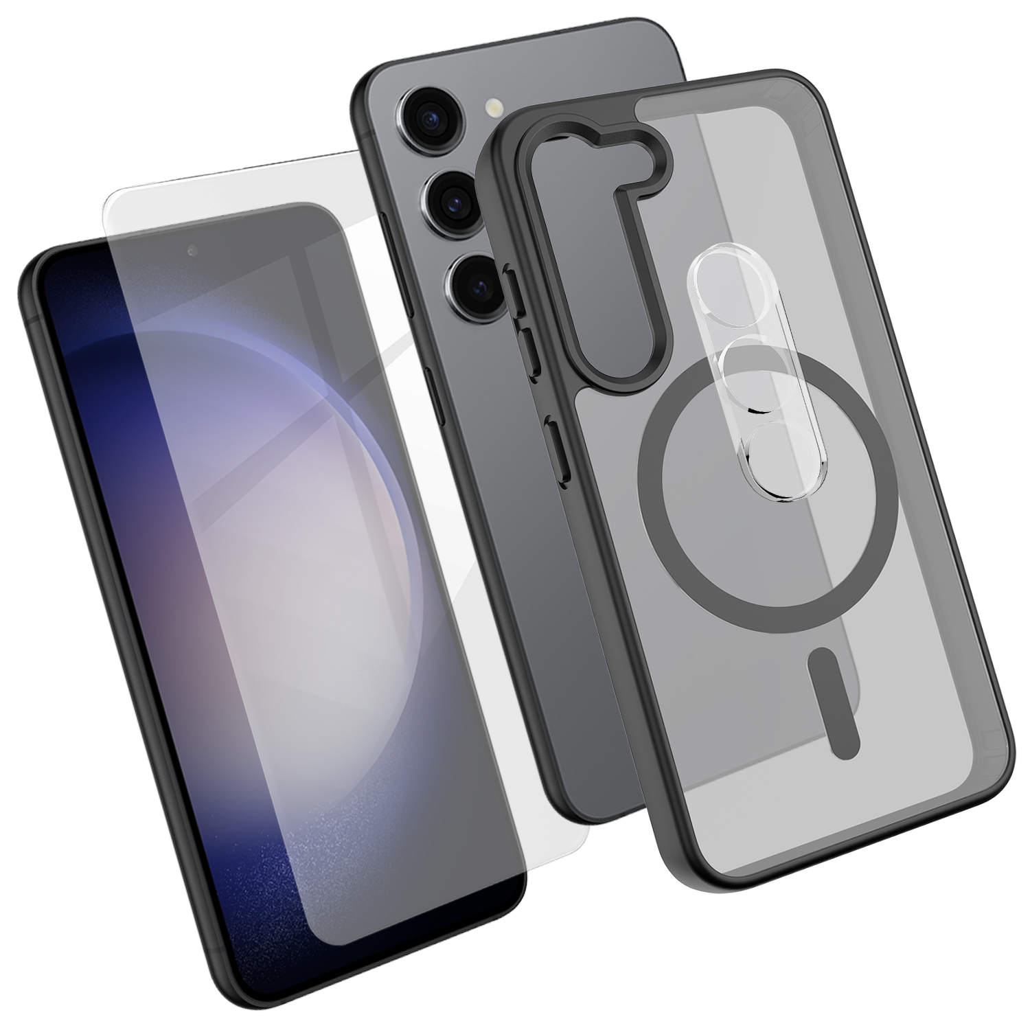 For Samsung Galaxy S23+ Magnetic Case TPU + PC Phone Cover with High Aluminium-Silicon Glass Screen Protector + PC Camera Lens Protector - Black