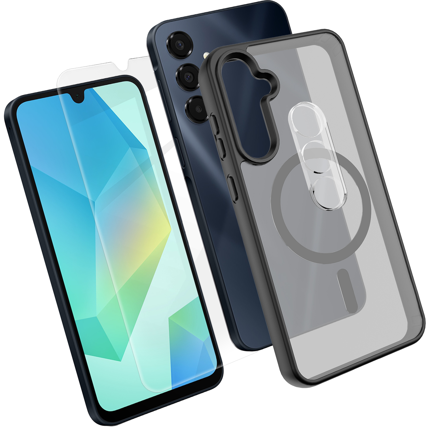 For Samsung Galaxy A16 4G / Galaxy A16 5G Magnetic Case TPU + PC Phone Cover with High Aluminium-Silicon Glass Screen Protector + PC Camera Lens Protector - Black