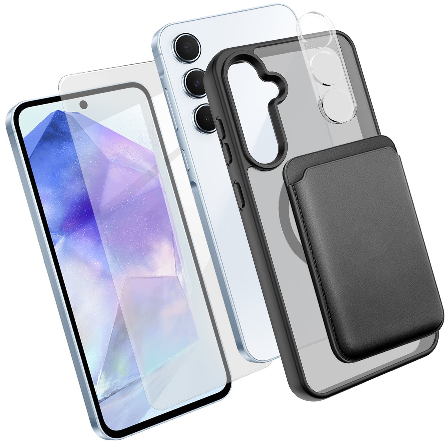 For Samsung Galaxy A55 5G Magnetic Case TPU + PC Phone Cover with High Aluminium-silicon Glass Screen Protector + Lens Protector + Card Holder - Black