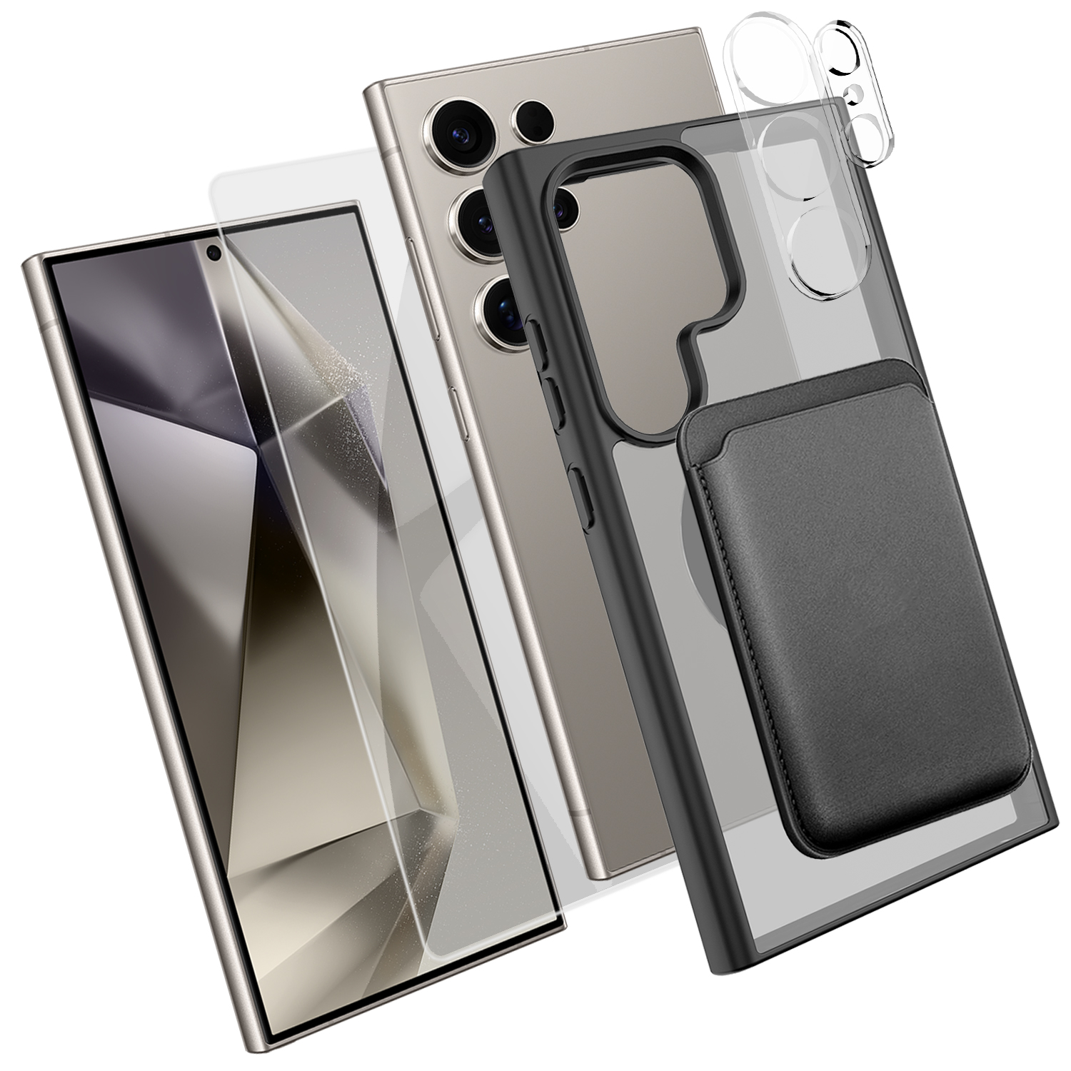 For Samsung Galaxy S24 Ultra Magnetic Case TPU + PC Phone Cover with High Aluminium-silicon Glass Screen Protector + Lens Protector + Card Holder - Black