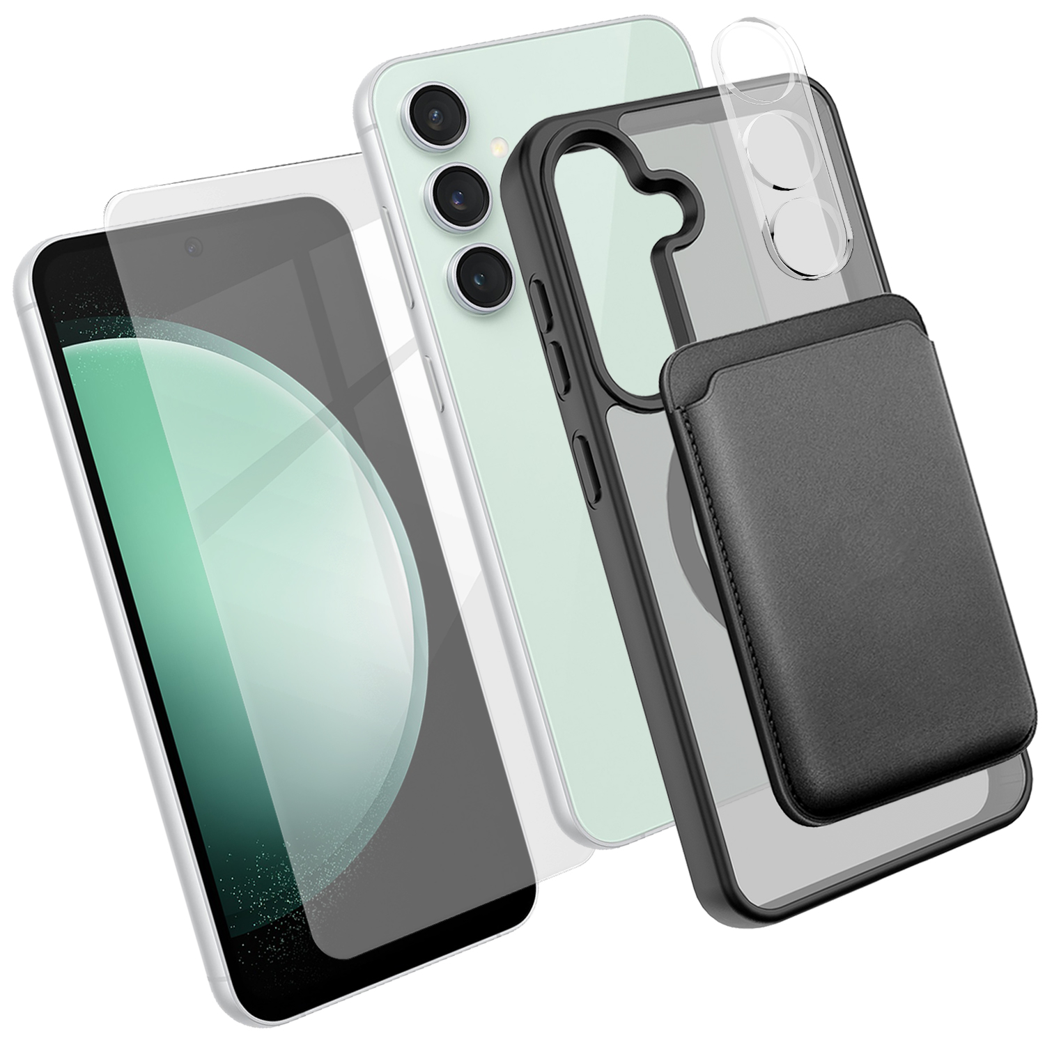 For Samsung Galaxy S23 FE Magnetic Case TPU + PC Phone Cover with High Aluminium-silicon Glass Screen Protector + Lens Protector + Card Holder - Black