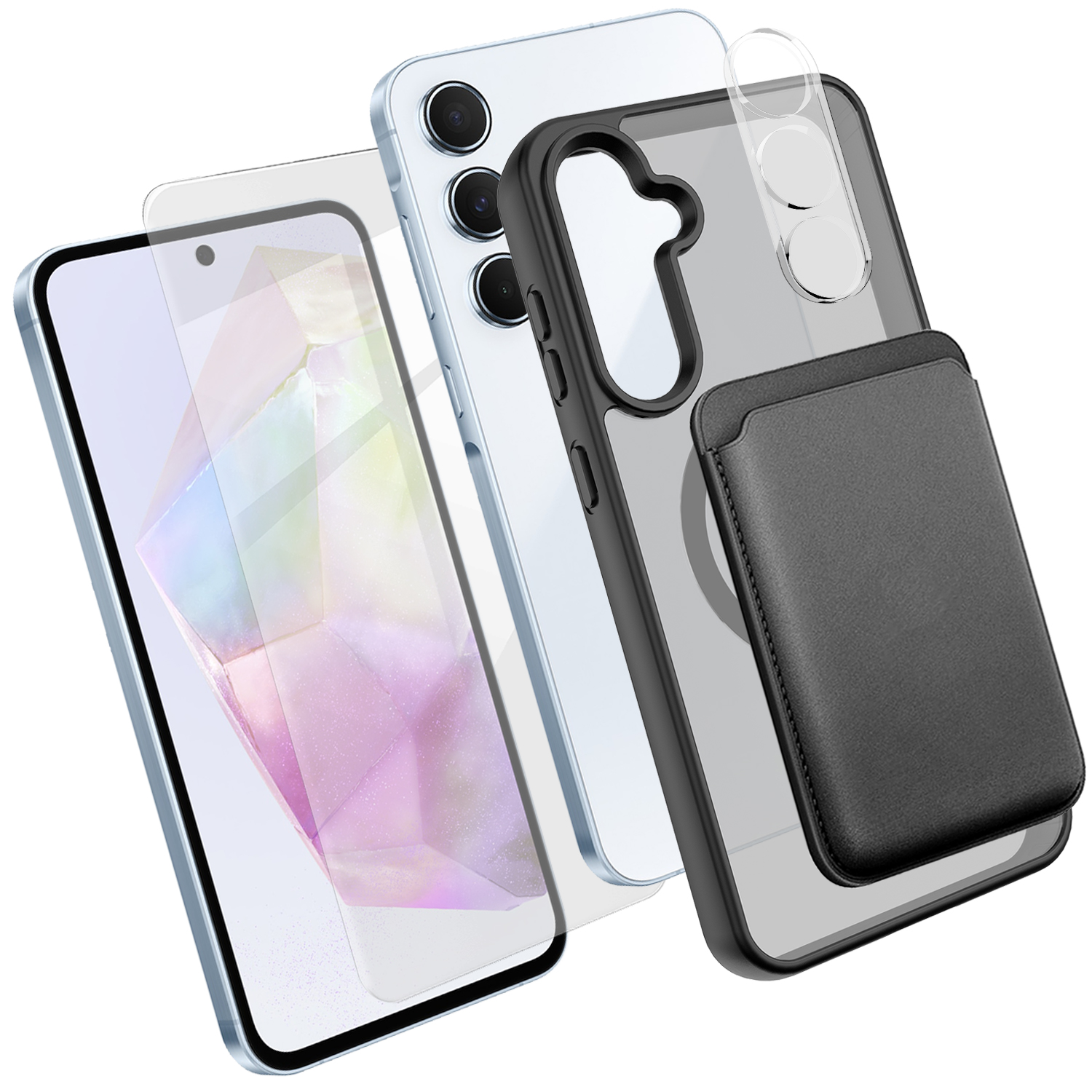 For Samsung Galaxy A35 5G Magnetic Case TPU + PC Phone Cover with High Aluminium-silicon Glass Screen Protector + Lens Protector + Card Holder - Black