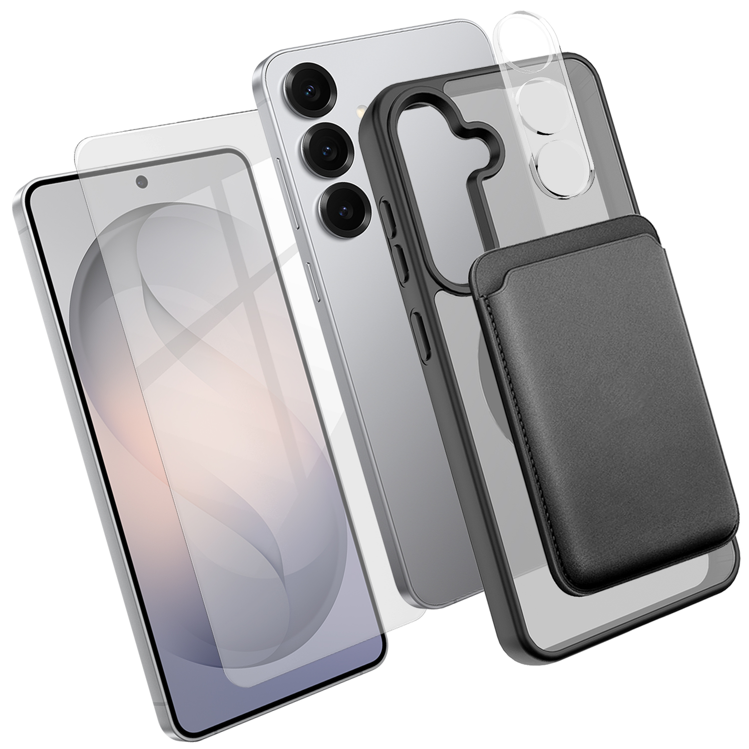 For Samsung Galaxy S24+ Magnetic Case TPU + PC Phone Cover with High Aluminium-silicon Glass Screen Protector + Lens Protector + Card Holder - Black