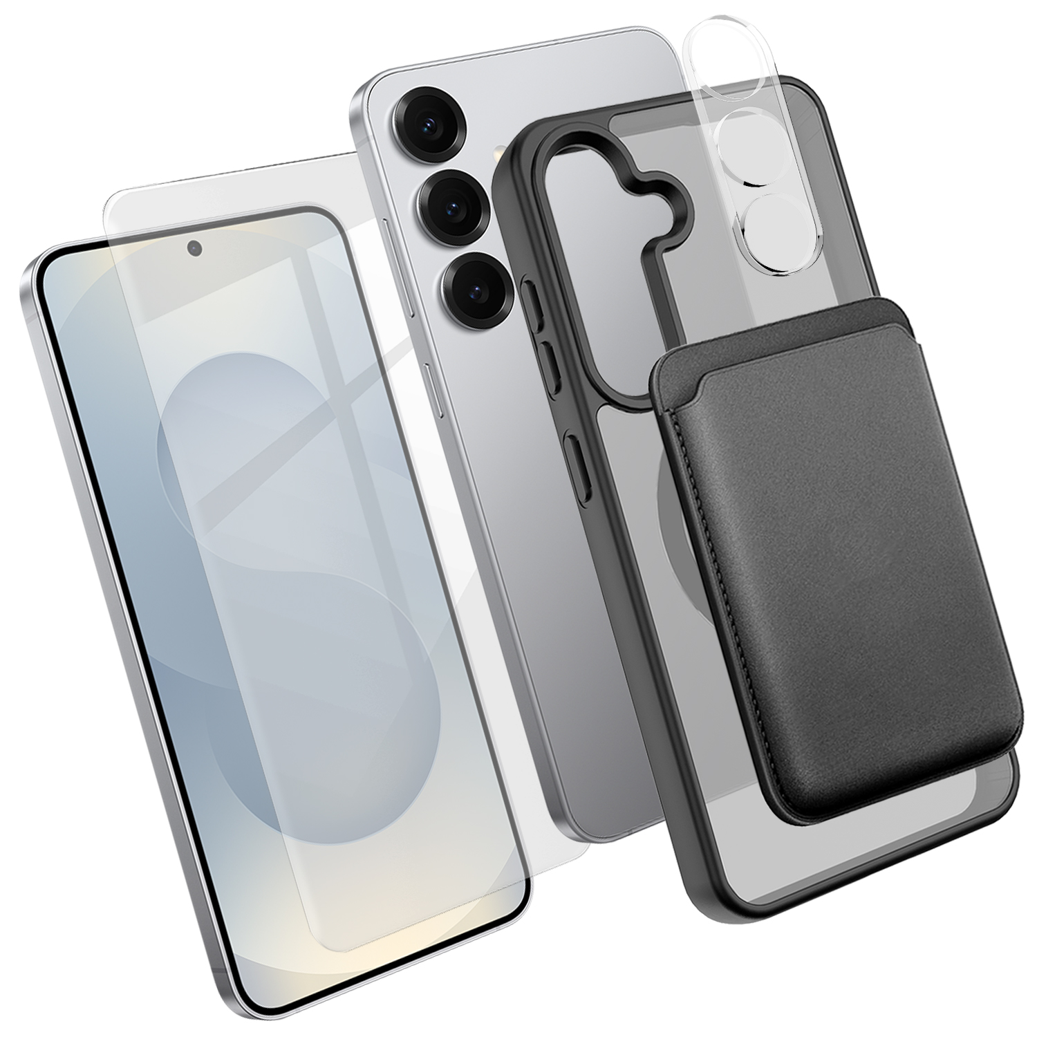 For Samsung Galaxy S25 Magnetic Case TPU + PC Phone Cover with High Aluminium-silicon Glass Screen Protector + Lens Protector + Card Holder - Black