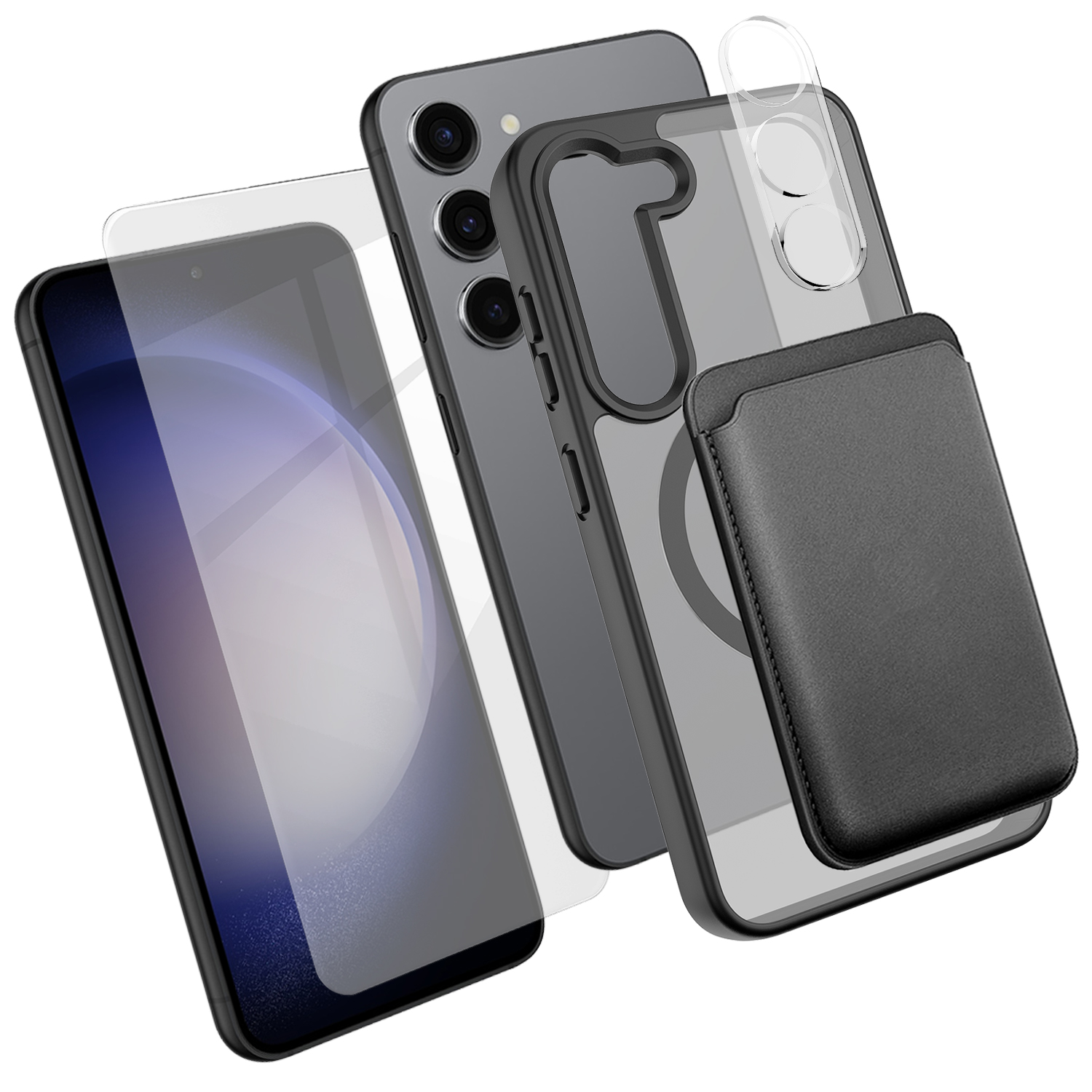 For Samsung Galaxy S23+ Magnetic Case TPU + PC Phone Cover with High Aluminium-silicon Glass Screen Protector + Lens Protector + Card Holder - Black