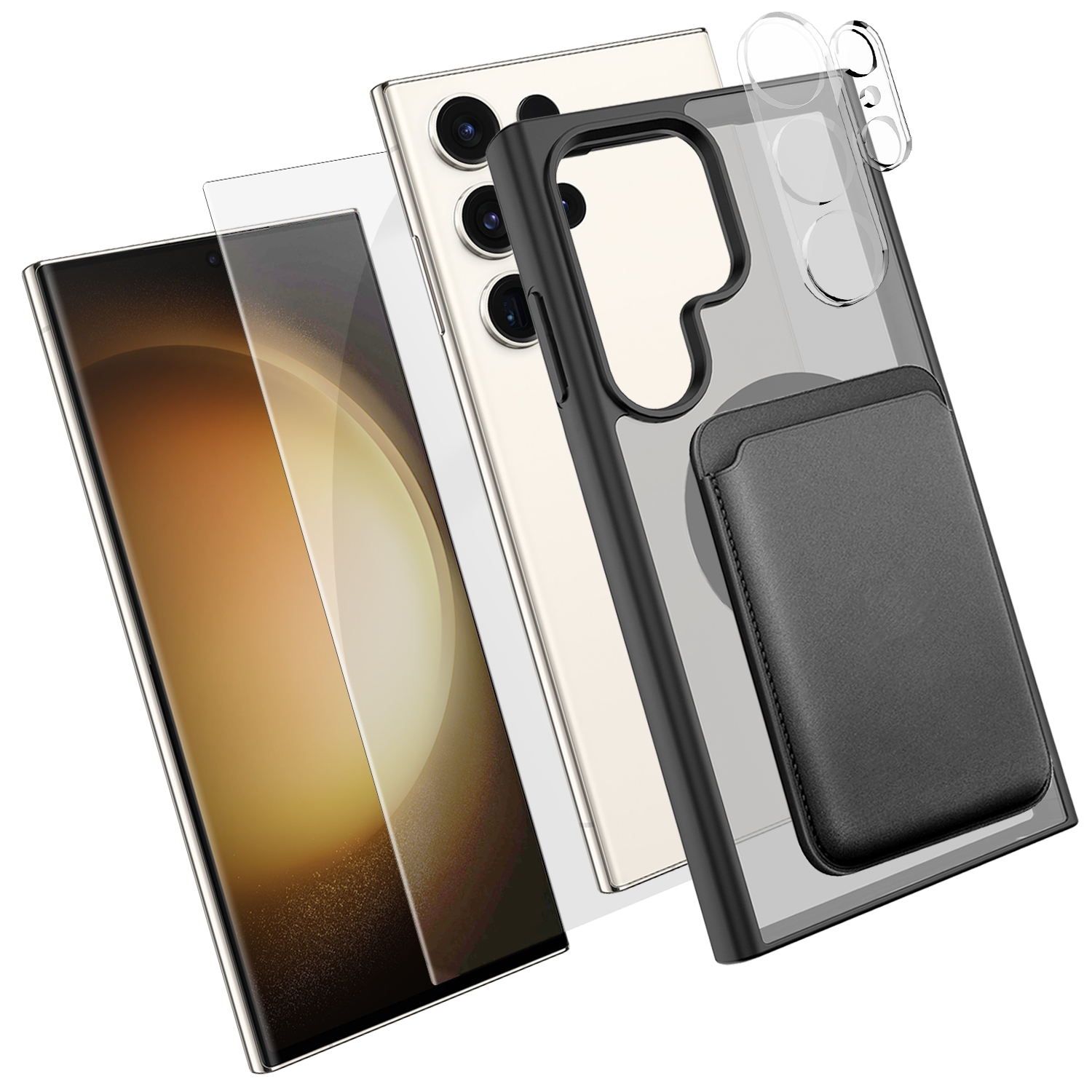 For Samsung Galaxy S23 Ultra Magnetic Case TPU + PC Phone Cover with High Aluminium-silicon Glass Screen Protector + Lens Protector + Card Holder - Black