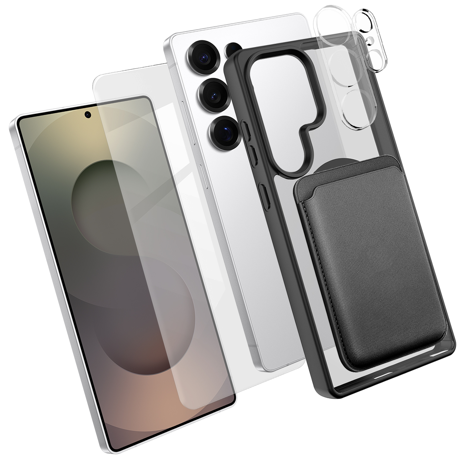 For Samsung Galaxy S25 Ultra Magnetic Case TPU + PC Phone Cover with High Aluminium-silicon Glass Screen Protector + Lens Protector + Card Holder - Black