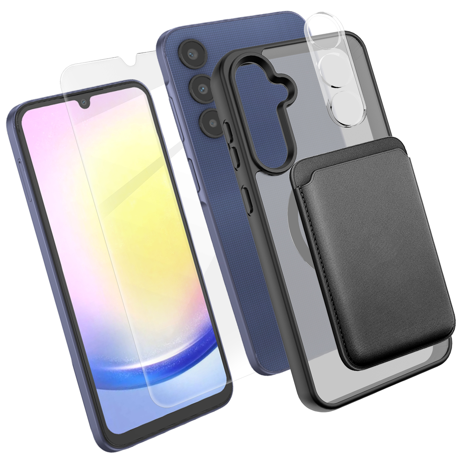 For Samsung Galaxy A25 5G (Global) (161mm) Magnetic Case TPU + PC Phone Cover with High Aluminium-silicon Glass Screen Protector + Lens Protector + Card Holder - Black