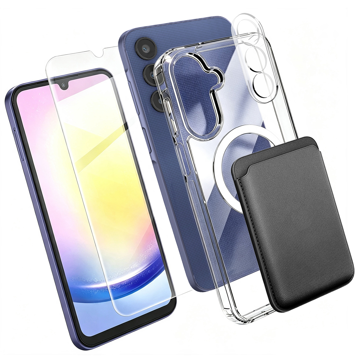 For Samsung Galaxy A25 5G (Global) (161mm) Magnetic Case TPU + PC Phone Cover with High Aluminium-silicon Glass Screen Protector + Lens Protector + Card Holder - Transparent