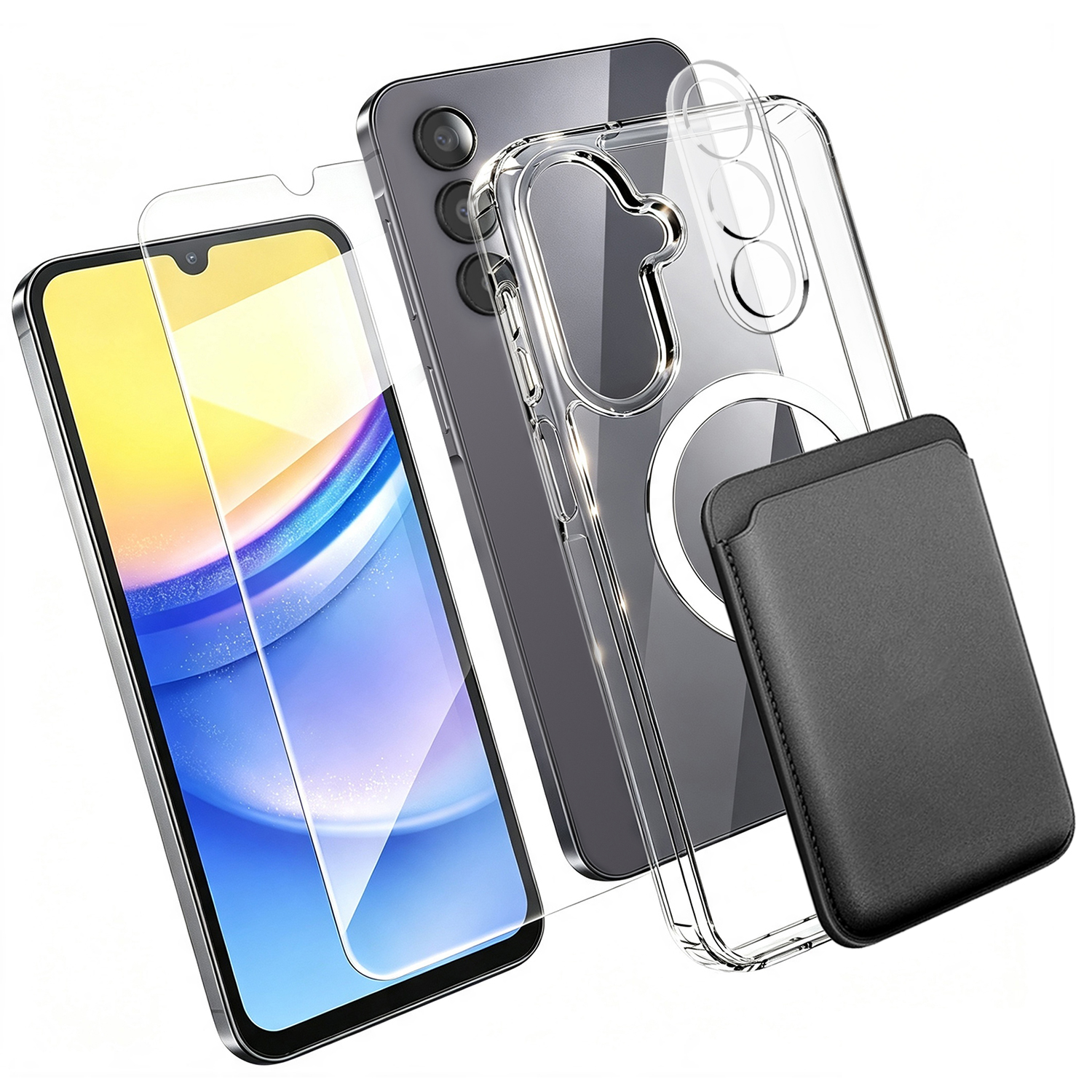 For Samsung Galaxy A15 5G Magnetic Case TPU + PC Phone Cover with High Aluminium-silicon Glass Screen Protector + Lens Protector + Card Holder - Transparent