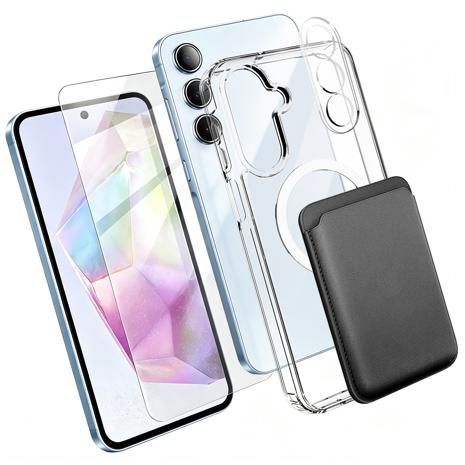 For Samsung Galaxy A35 5G Magnetic Case TPU + PC Phone Cover with High Aluminium-silicon Glass Screen Protector + Lens Protector + Card Holder - Transparent