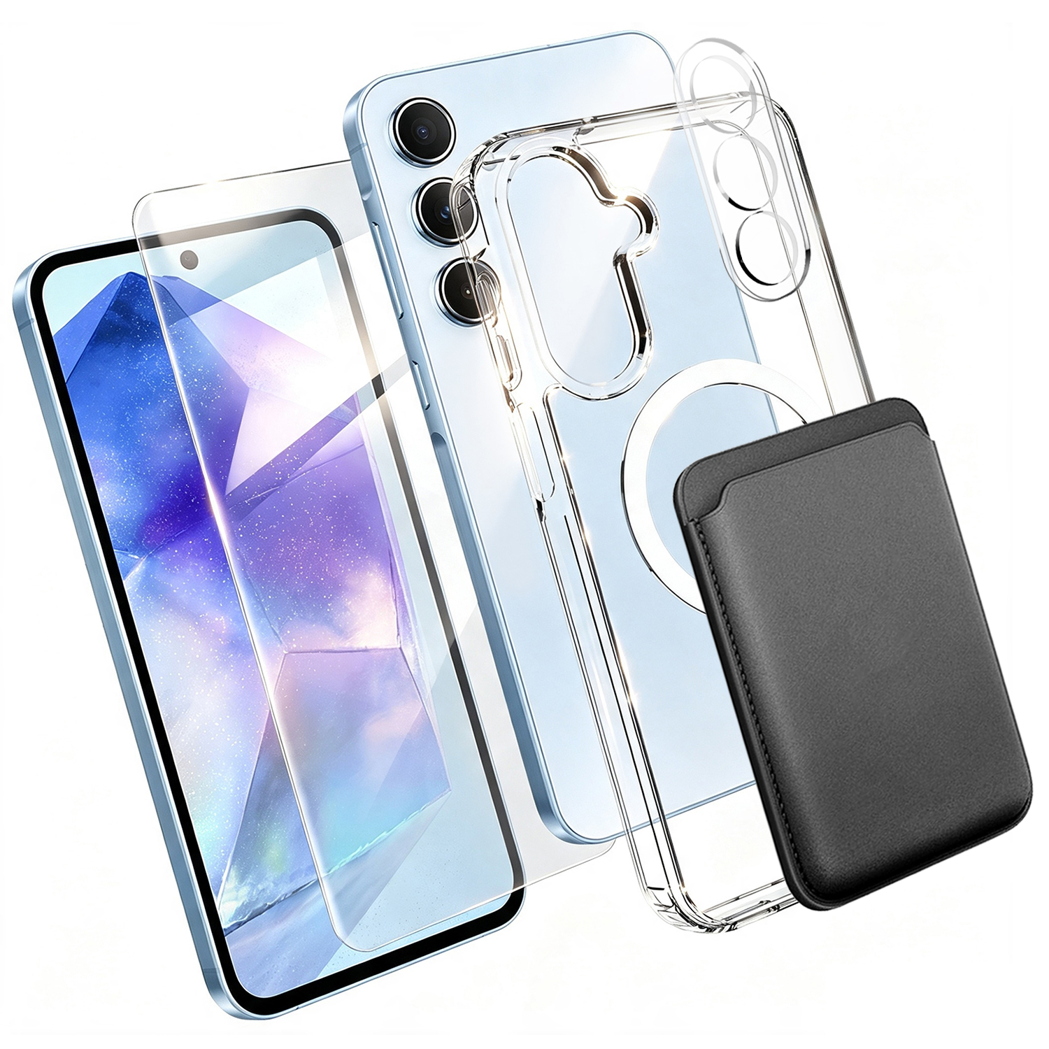 For Samsung Galaxy A55 5G Magnetic Case TPU + PC Phone Cover with High Aluminium-silicon Glass Screen Protector + Lens Protector + Card Holder - Transparent
