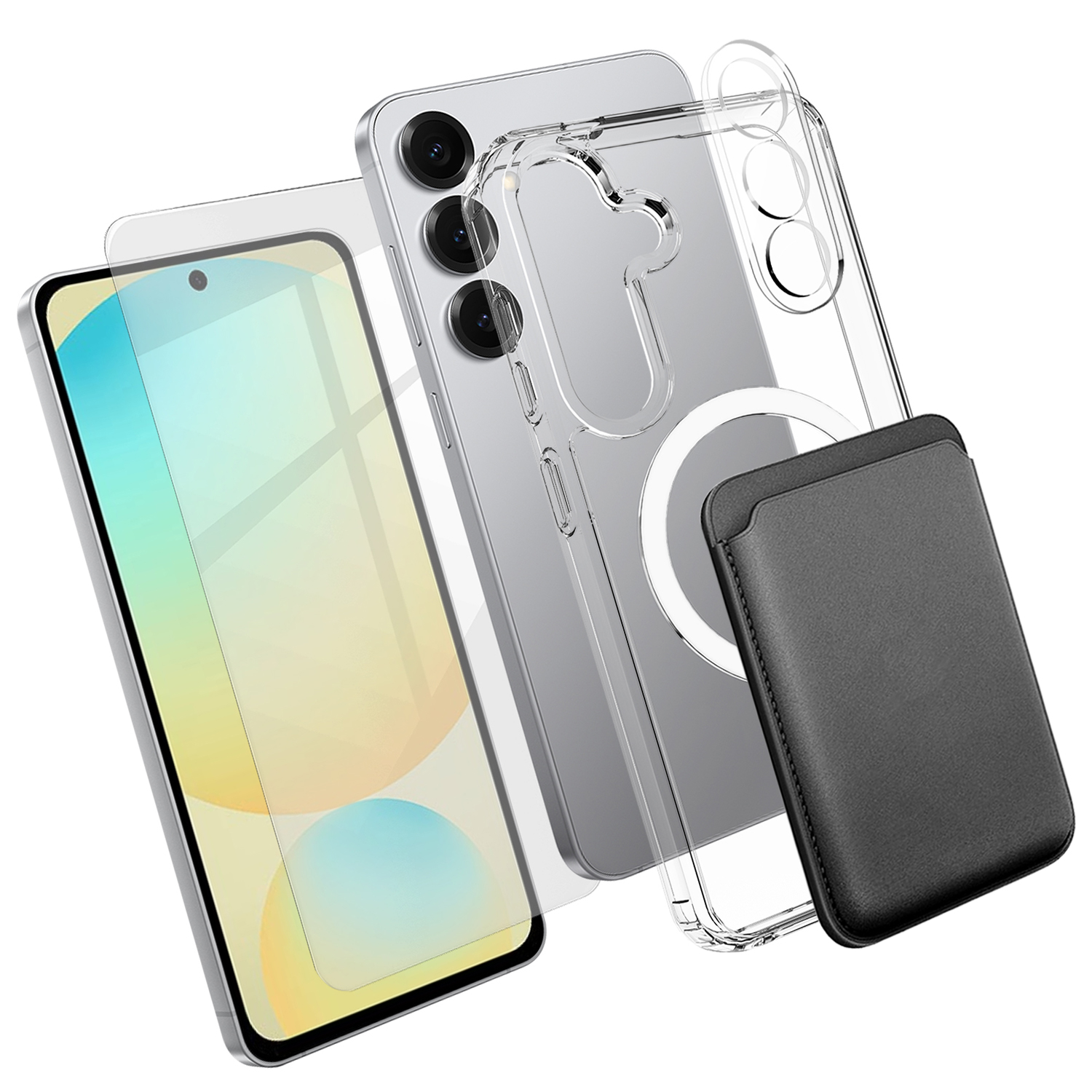 For Samsung Galaxy S24 FE Magnetic Case TPU + PC Phone Cover with High Aluminium-silicon Glass Screen Protector + Lens Protector + Card Holder - Transparent