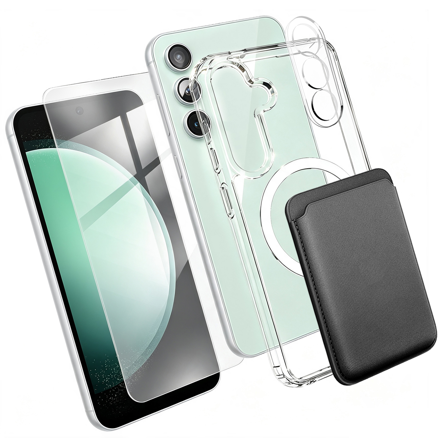 For Samsung Galaxy S23 FE Magnetic Case TPU + PC Phone Cover with High Aluminium-silicon Glass Screen Protector + Lens Protector + Card Holder - Transparent