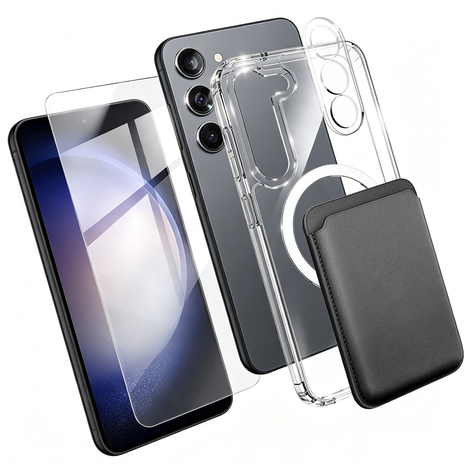 For Samsung Galaxy S23 Magnetic Case TPU + PC Phone Cover with High Aluminium-silicon Glass Screen Protector + Lens Protector + Card Holder - Transparent