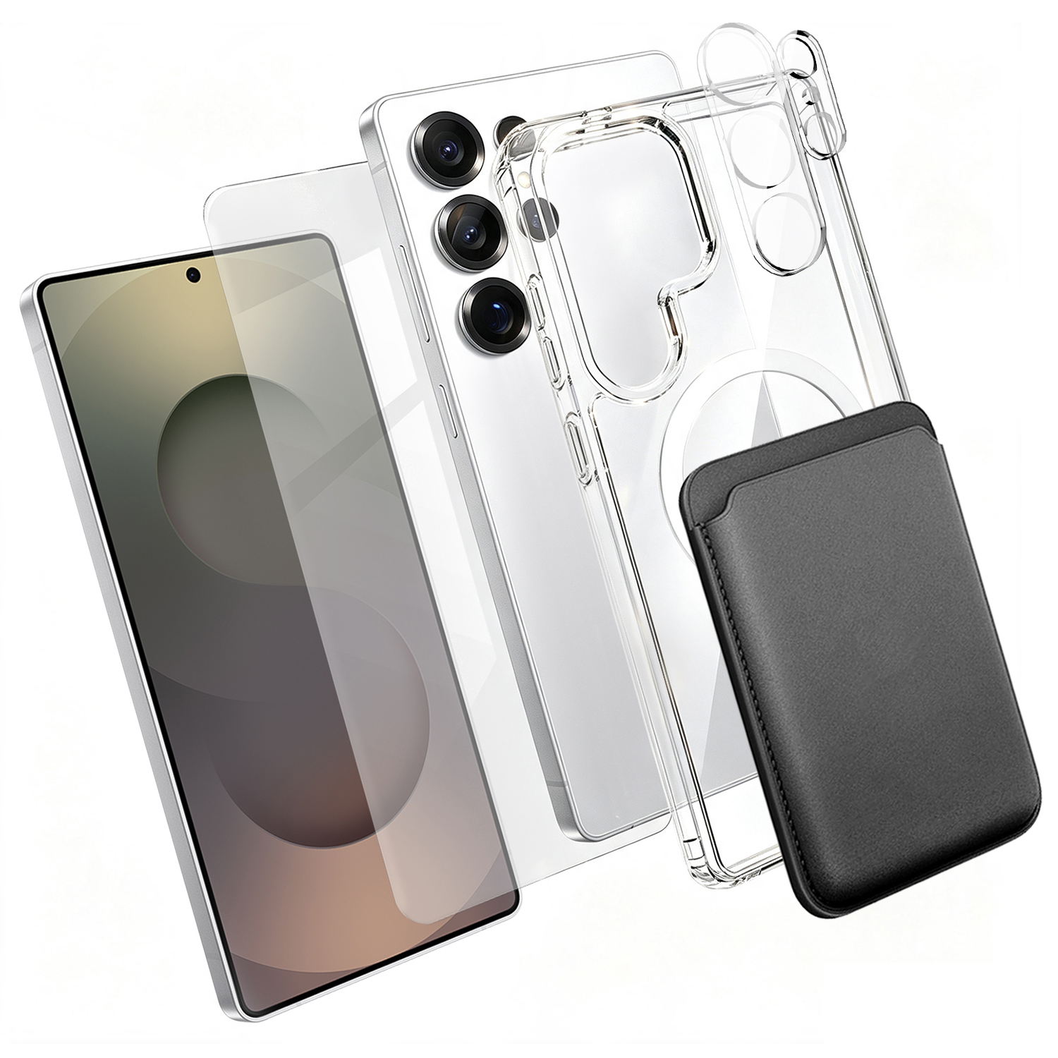 For Samsung Galaxy S25 Ultra Magnetic Case TPU + PC Phone Cover with High Aluminium-silicon Glass Screen Protector + Lens Protector + Card Holder - Transparent