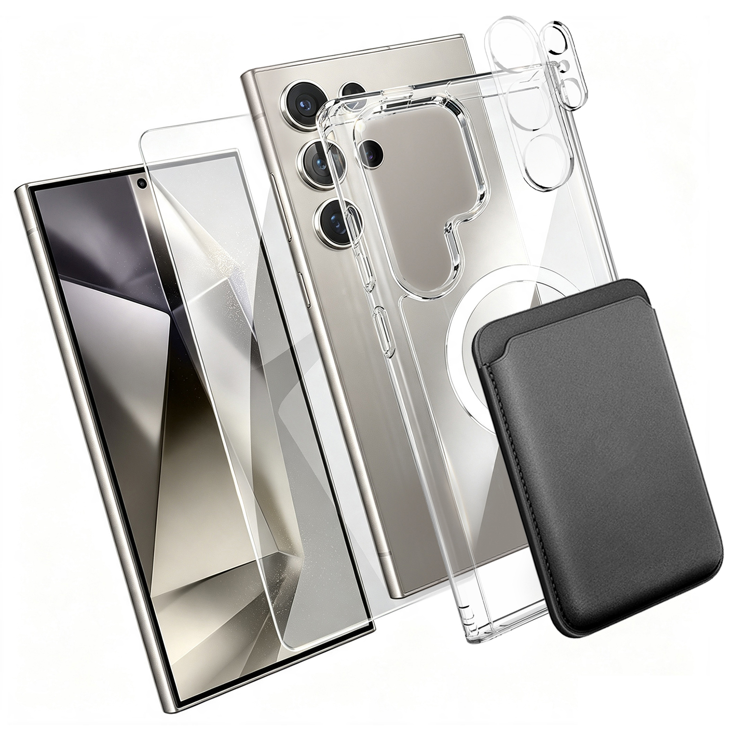 For Samsung Galaxy S24 Ultra Magnetic Case TPU + PC Phone Cover with High Aluminium-silicon Glass Screen Protector + Lens Protector + Card Holder - Transparent