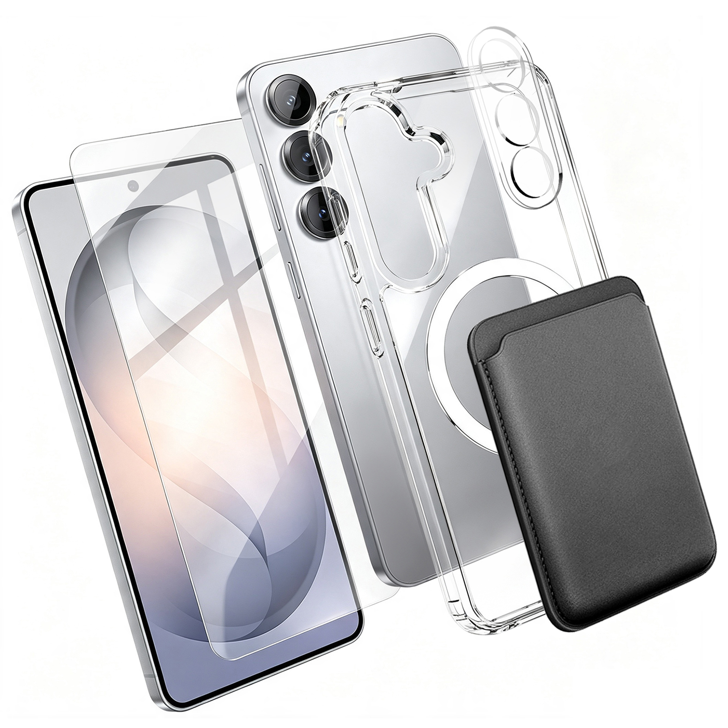 For Samsung Galaxy S24+ Magnetic Case TPU + PC Phone Cover with High Aluminium-silicon Glass Screen Protector + Lens Protector + Card Holder - Transparent